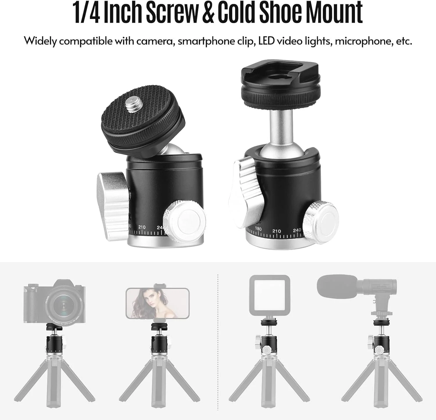 Labymos پایه توپی دو منظوره 2 در 1 با پیچ 1/4 اینچی و مانت کفشک سرد، پایه توپی آلیاژ آلومینیومی با قابلیت چرخش 360 درجه برای نگهدارنده گوشی دوربین