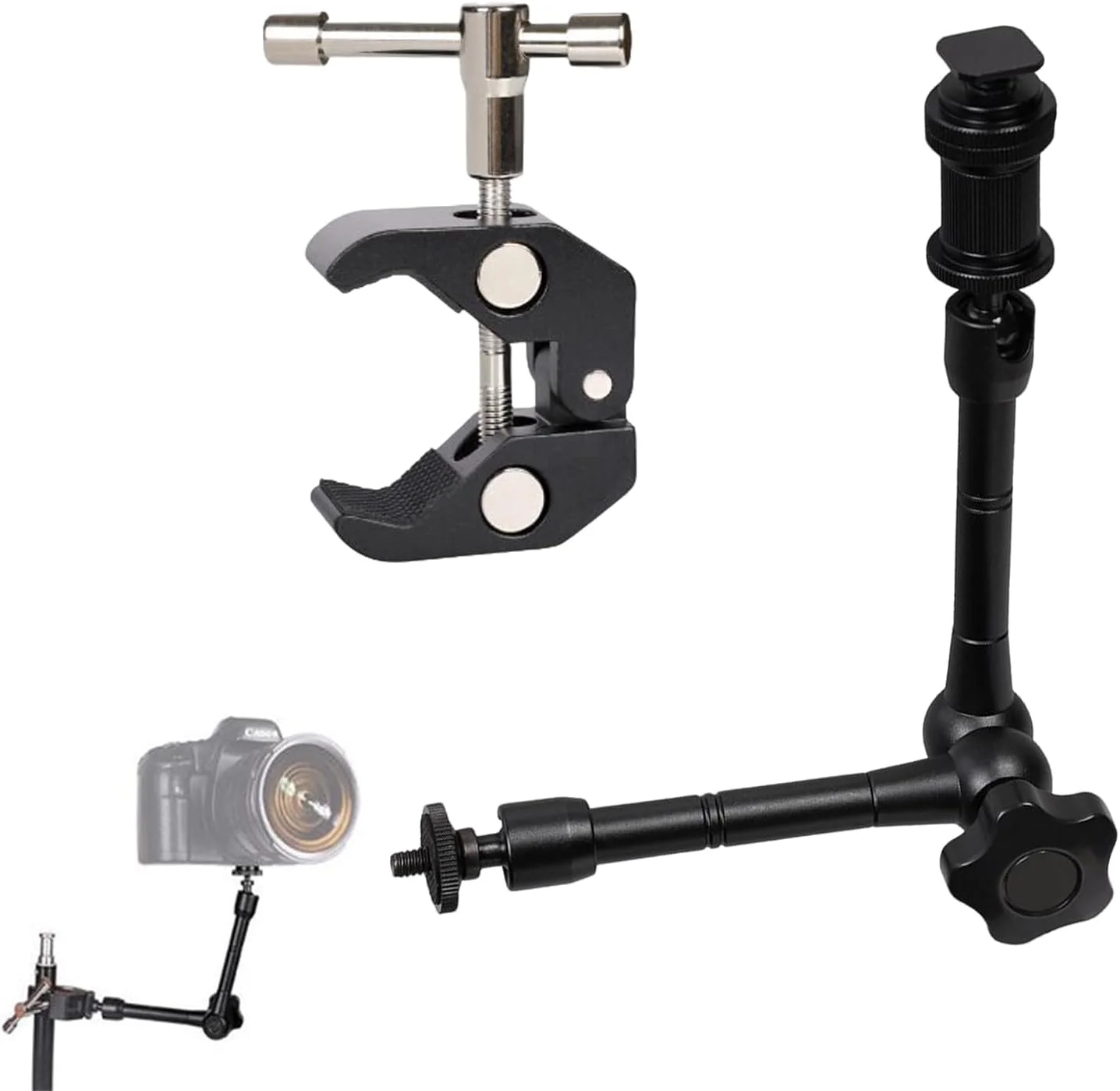 بازوی جادویی مفصلی با گیره سوپر، بازوی مفصلی جادویی با مانت کفشک سرد 1/4 اینچی برای مانیتور، چراغ LED، میکروفون (11 اینچ)