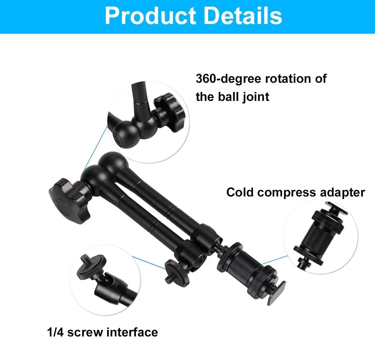 بازوی جادویی مفصلی با گیره سوپر، بازوی مفصلی جادویی با مانت کفشک سرد 1/4 اینچی برای مانیتور، چراغ LED، میکروفون (11 اینچ)
