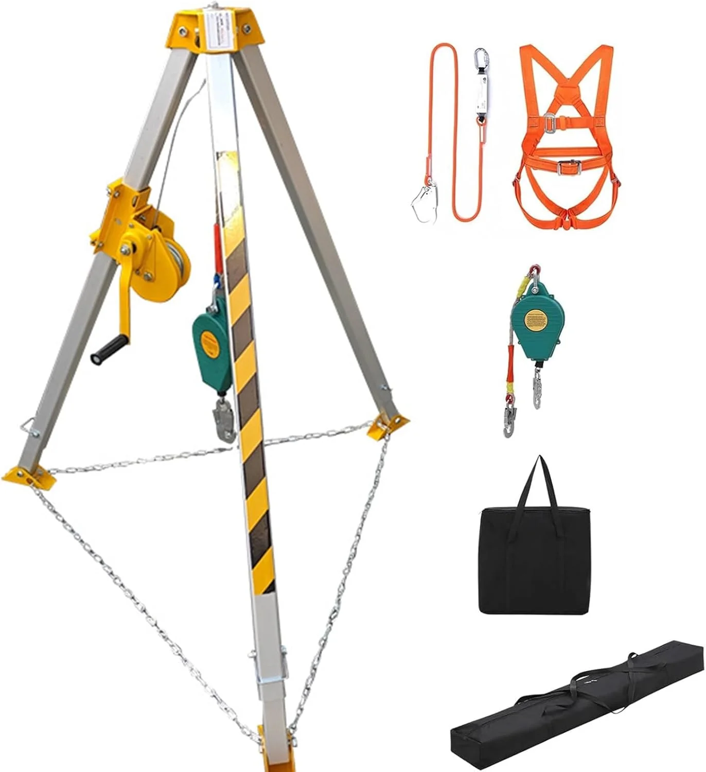 کیت سه پایه فضای محدود، سه پایه نجات فضای محدود سنگین، وینچ بالابر 1179.3 کیلوگرمی و ترمز سقوط | ارتفاع کار 1.6-2.4 متر | بار سه پایه 180 کیلوگرم | طول سیم بکسل فولادی 30 متر