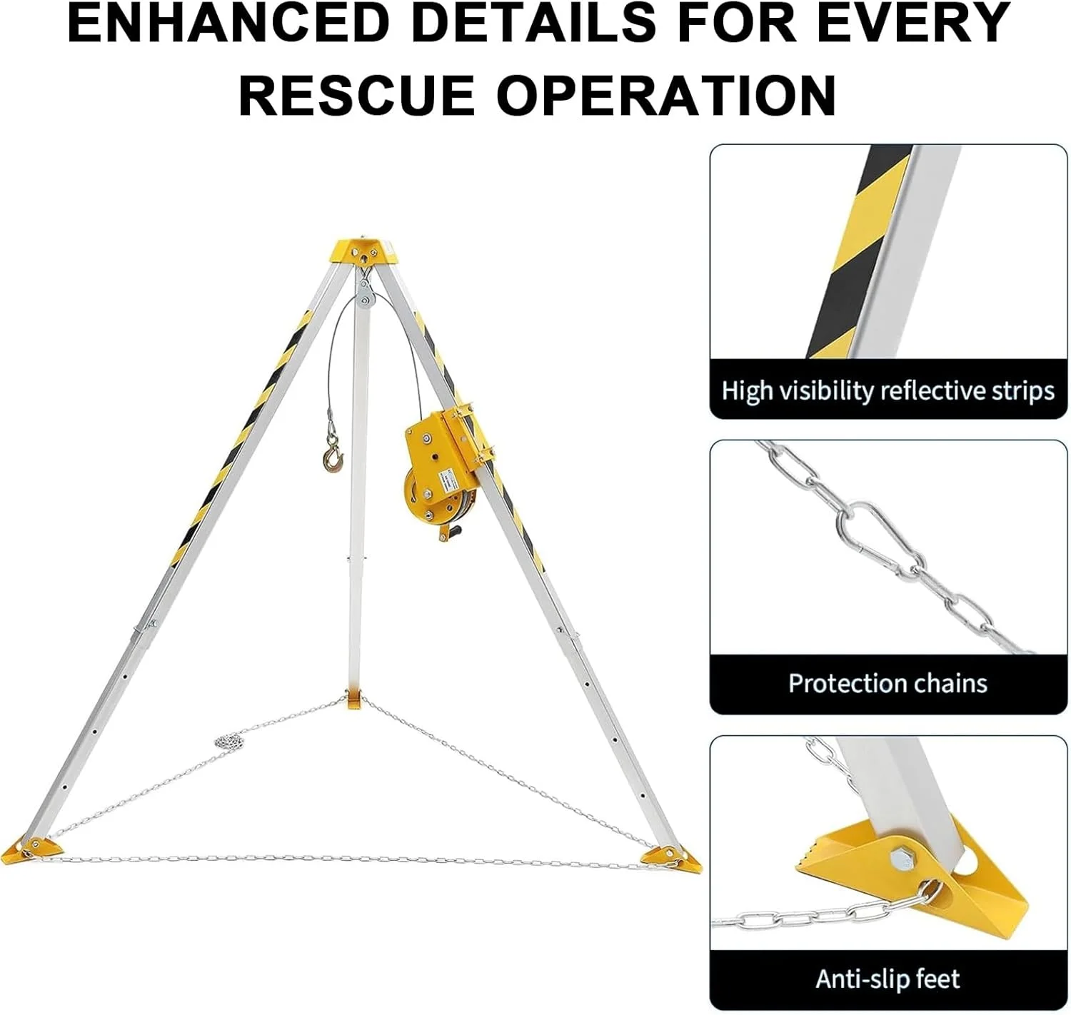 کیت سه پایه فضای محدود، سه پایه نجات فضای محدود سنگین، وینچ بالابر 1179.3 کیلوگرمی و ترمز سقوط | ارتفاع کار 1.6-2.4 متر | بار سه پایه 180 کیلوگرم | طول سیم بکسل فولادی 30 متر