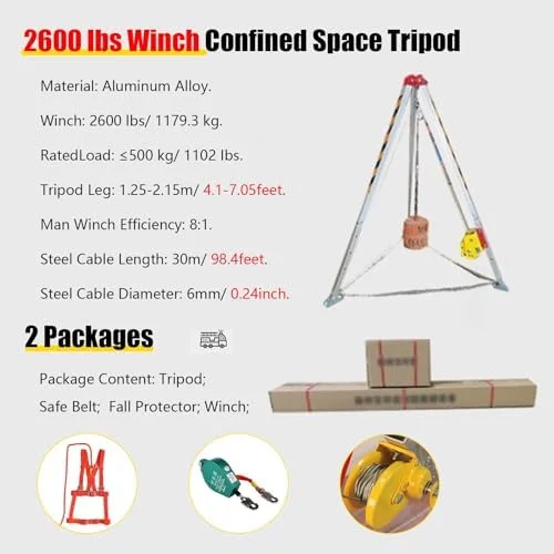 کیت سه پایه ایمنی فضای محدود با وینچ خود قفل شونده، پایه های قابل تنظیم برای حفاظت در برابر سقوط در عملیات نجات چاه و فاضلاب