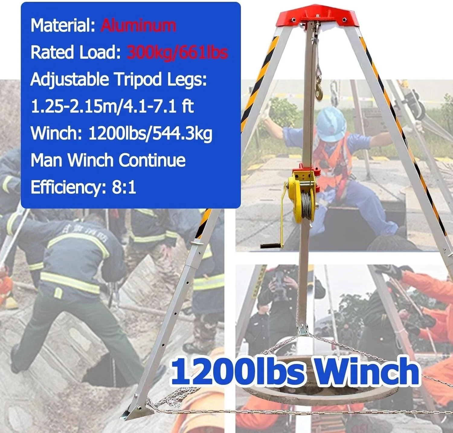 کیت سه پایه نجات اضطراری برای لوله های فاضلاب/زیرزمینی، تجهیزات دسترسی ایمن به فضای محدود قابل تنظیم آلومینیومی، سیستم نجات ساختمانی و صنعتی (وینچ 544.3 کیلوگرمی)