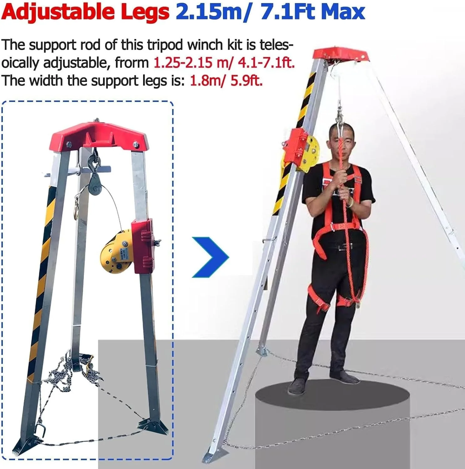 کیت سه پایه نجات اضطراری برای لوله های فاضلاب/زیرزمینی، تجهیزات دسترسی ایمن به فضای محدود قابل تنظیم آلومینیومی، سیستم نجات ساختمانی و صنعتی (وینچ 544.3 کیلوگرمی)
