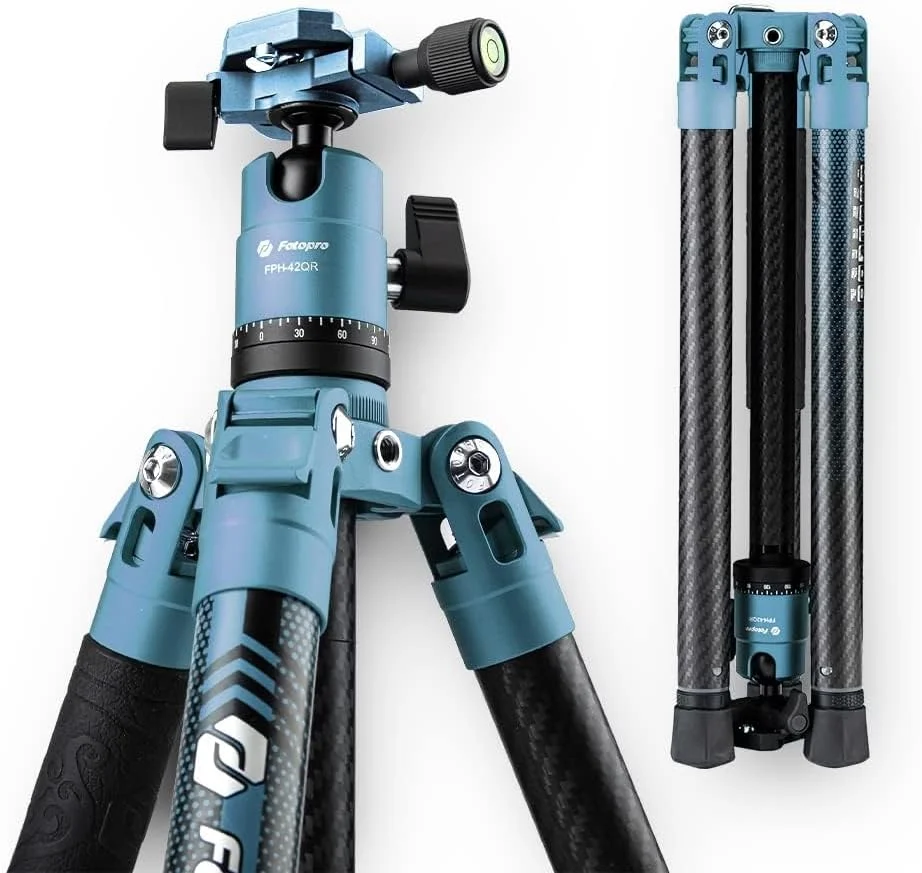 سه پایه فیبر کربنی 62 اینچی Fotopro برای دوربین، سه پایه مسافرتی فوق سبک دوربین، حداکثر بار 22 پوند مدل X-Aircross 3 آبی