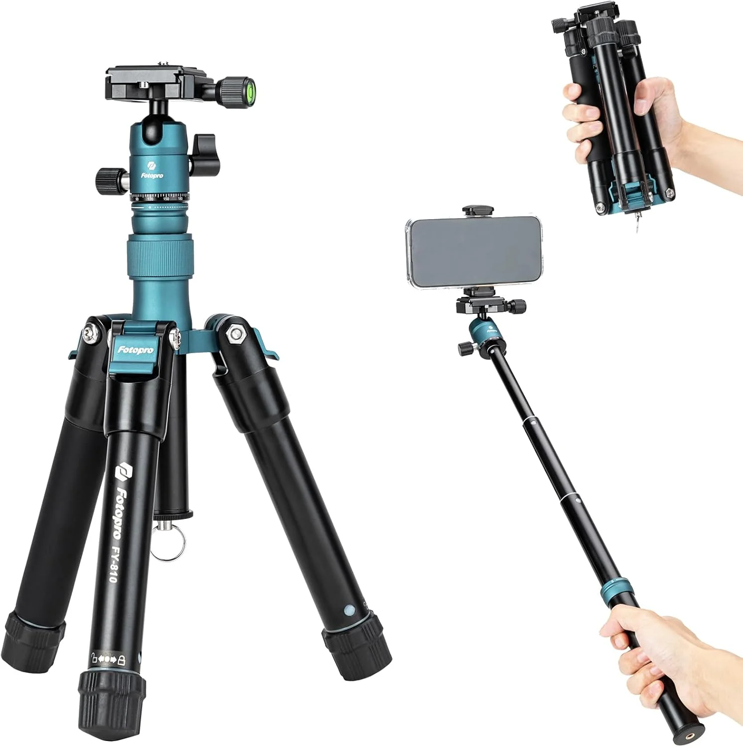 سه پایه کوچک Fotopro با سر توپی و نگهدارنده تلفن، مونوپاد سلفی جداشدنی، طول تاشده فقط 22 سانتی متر، حداکثر تحمل وزن تا 3 کیلوگرم مدل FY-810 آبی