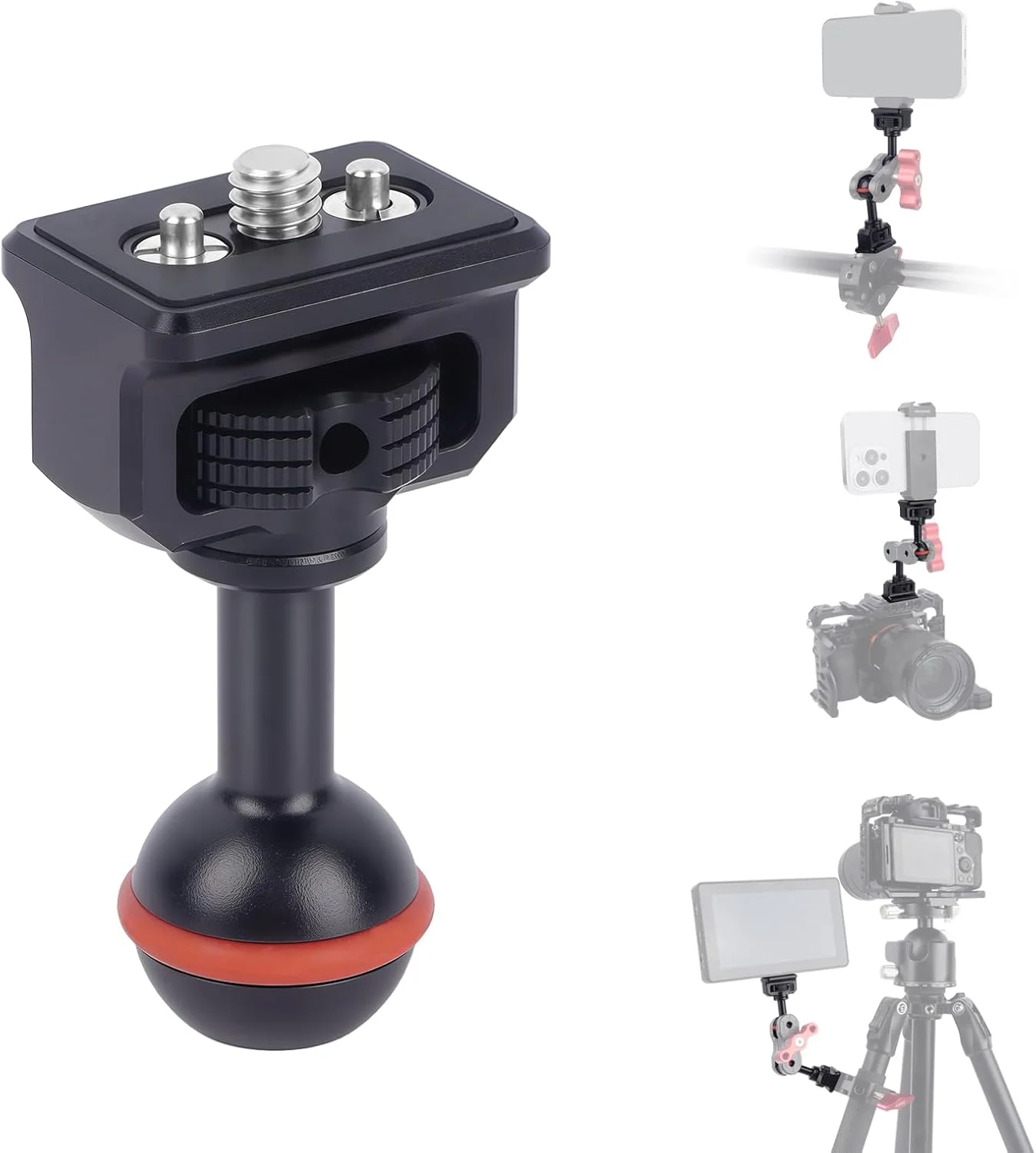 آداپتور سر توپی 20 میلی‌متری با پیچ 1/4 اینچی و حلقه ضد لغزش - جایگزین ماشین‌کاری شده CNC برای ریگ دوربین، پایه تلفن، براکت‌های نور LED (سازگار با بازوهای جادویی) - 62010