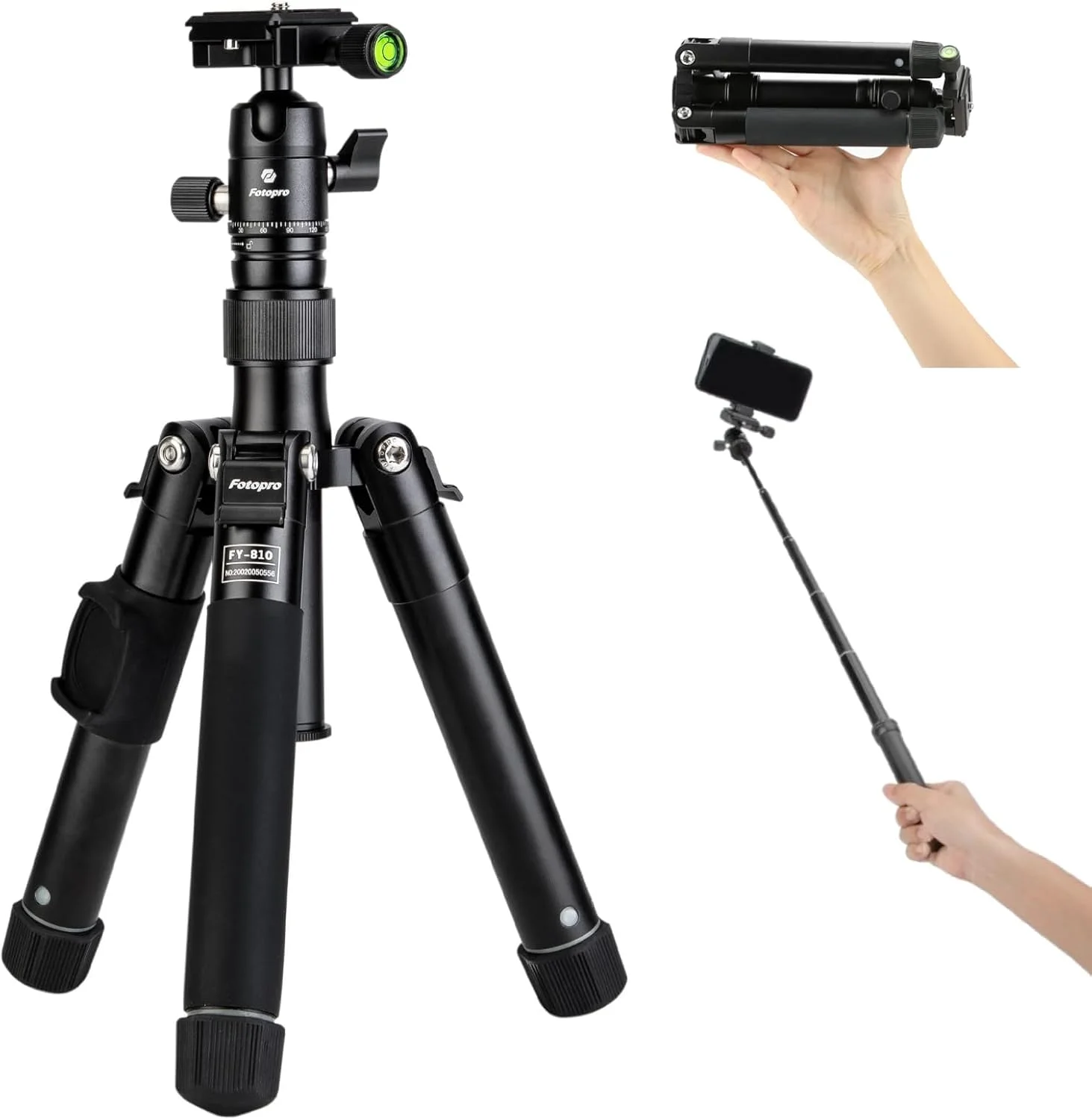 سه پایه کوچک Fotopro با سر توپی و هولدر موبایل، مونوپاد جداشدنی، طول تاشده فقط 21.6 سانتی متر، حداکثر تحمل وزن تا 3 کیلوگرم مدل FY-810 مشکی