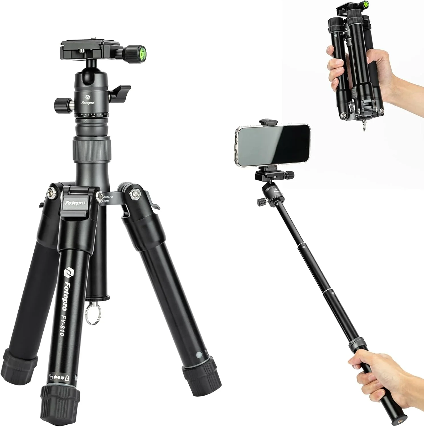سه پایه کوچک Fotopro با سر توپی و پایه نگهدارنده تلفن همراه، میله سلفی جداشدنی، طول تاشده فقط 21.6 سانتی متر، حداکثر تحمل وزن تا 3 کیلوگرم مدل FY-810 خاکستری