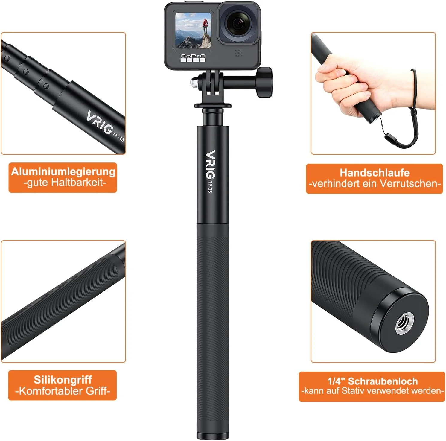 میله سلفی افزایش طول ۱۳۱ سانتی متری VRIG TP-13 برای INSTA360، GoPro 11 10 9 8 7، دوربین های اکشن Insta360 One X2 X One R EVO، میله افزایش طول گیمبال تلفن هوشمند برای دوربین ورزشی، مشکی