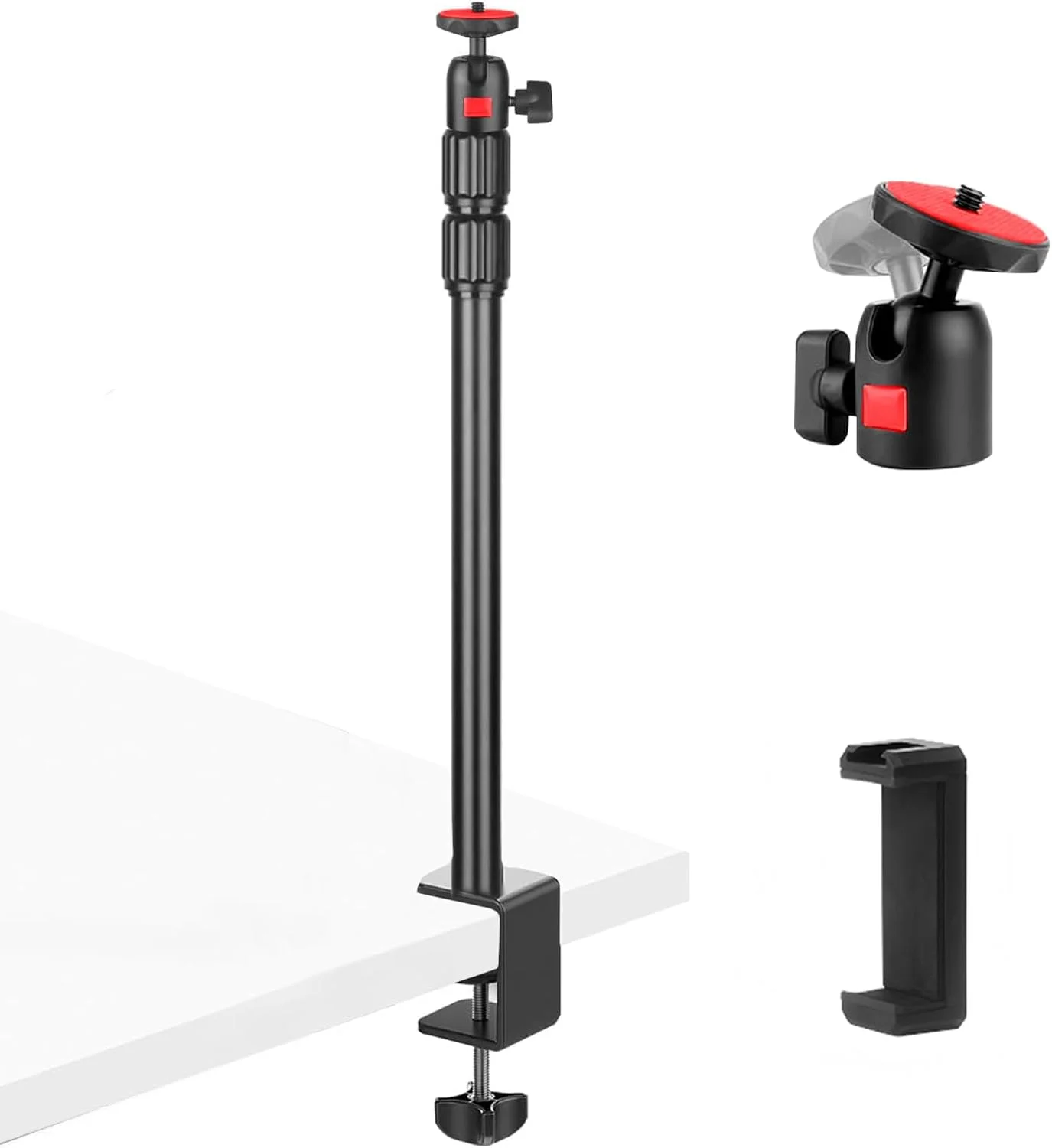 سه پایه رومیزی دوربین، گیره های رومیزی، سه پایه دوربین، پایه نور، سه پایه گیره چند منظوره با آداپتور نور حلقه ای، سر توپی 1/4 اینچی و نگهدارنده تلفن همراه برای دوربین/نور حلقه ای/تلفن هوشمند