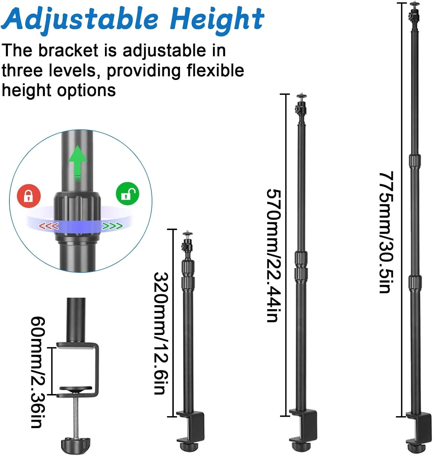 سه پایه رومیزی دوربین، گیره های رومیزی، سه پایه دوربین، پایه نور، سه پایه گیره چند منظوره با آداپتور نور حلقه ای، سر توپی 1/4 اینچی و نگهدارنده تلفن همراه برای دوربین/نور حلقه ای/تلفن هوشمند