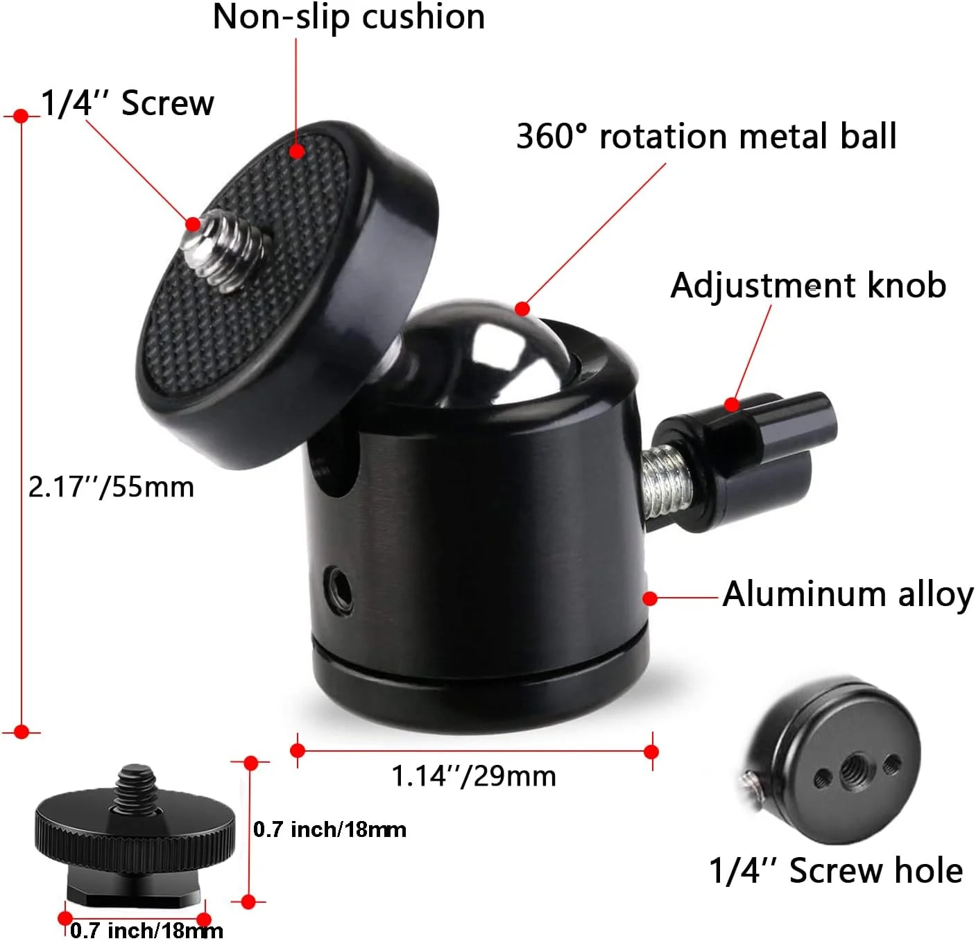 EszkozTA مینی سه پایه توپی شکل یونیورسال با پیچ و کفشک فلاش (2 عددی)، پایه آداپتور چرخان 360 درجه برای دوربین های DSLR، سه پایه HTC Vive، تک پایه ها، دوربین های فیلمبرداری