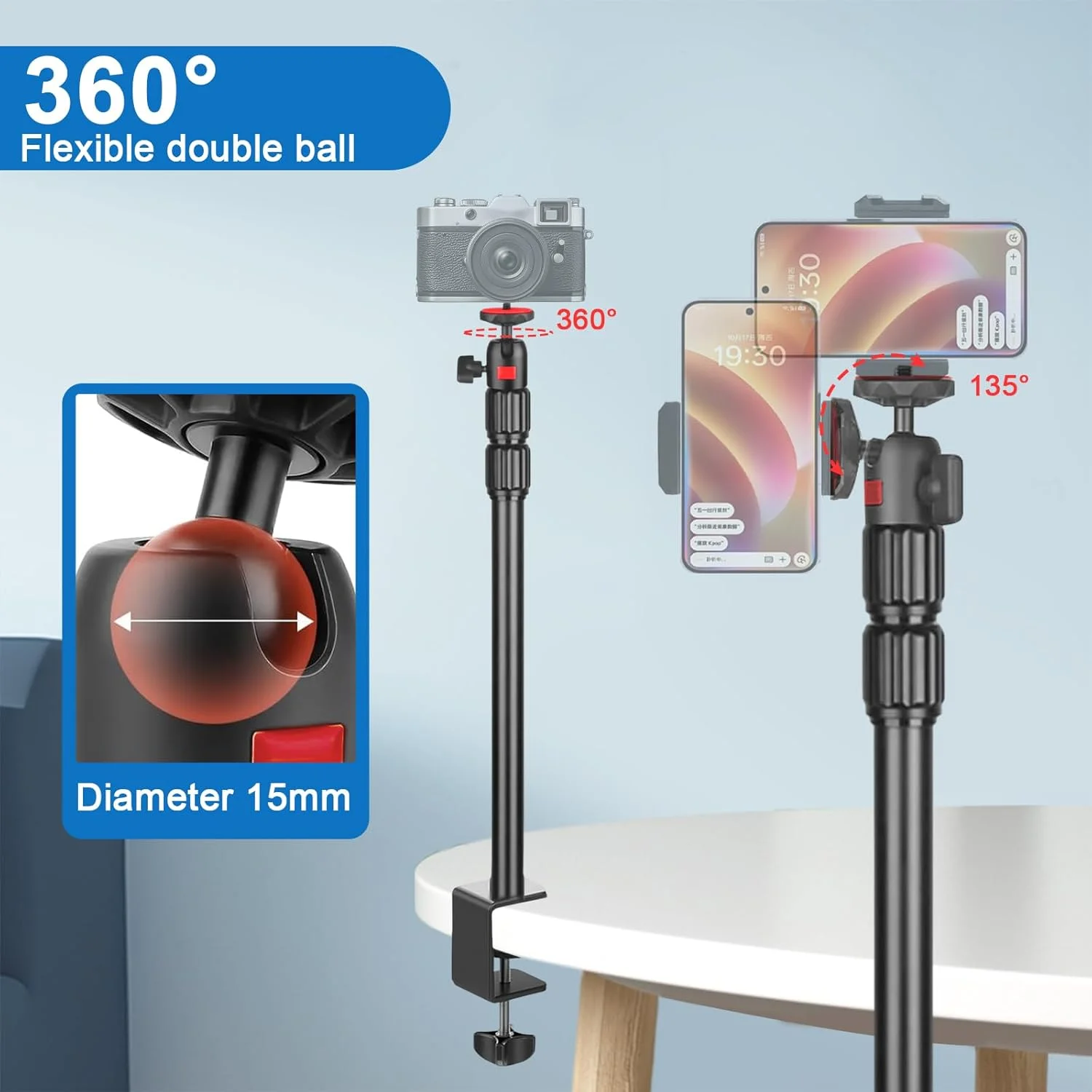 سه پایه رومیزی دوربین، گیره های رومیزی، سه پایه دوربین، پایه نور، سه پایه گیره چند منظوره با آداپتور نور حلقه ای، سر توپی 1/4 اینچی و نگهدارنده تلفن همراه برای دوربین/نور حلقه ای/تلفن هوشمند