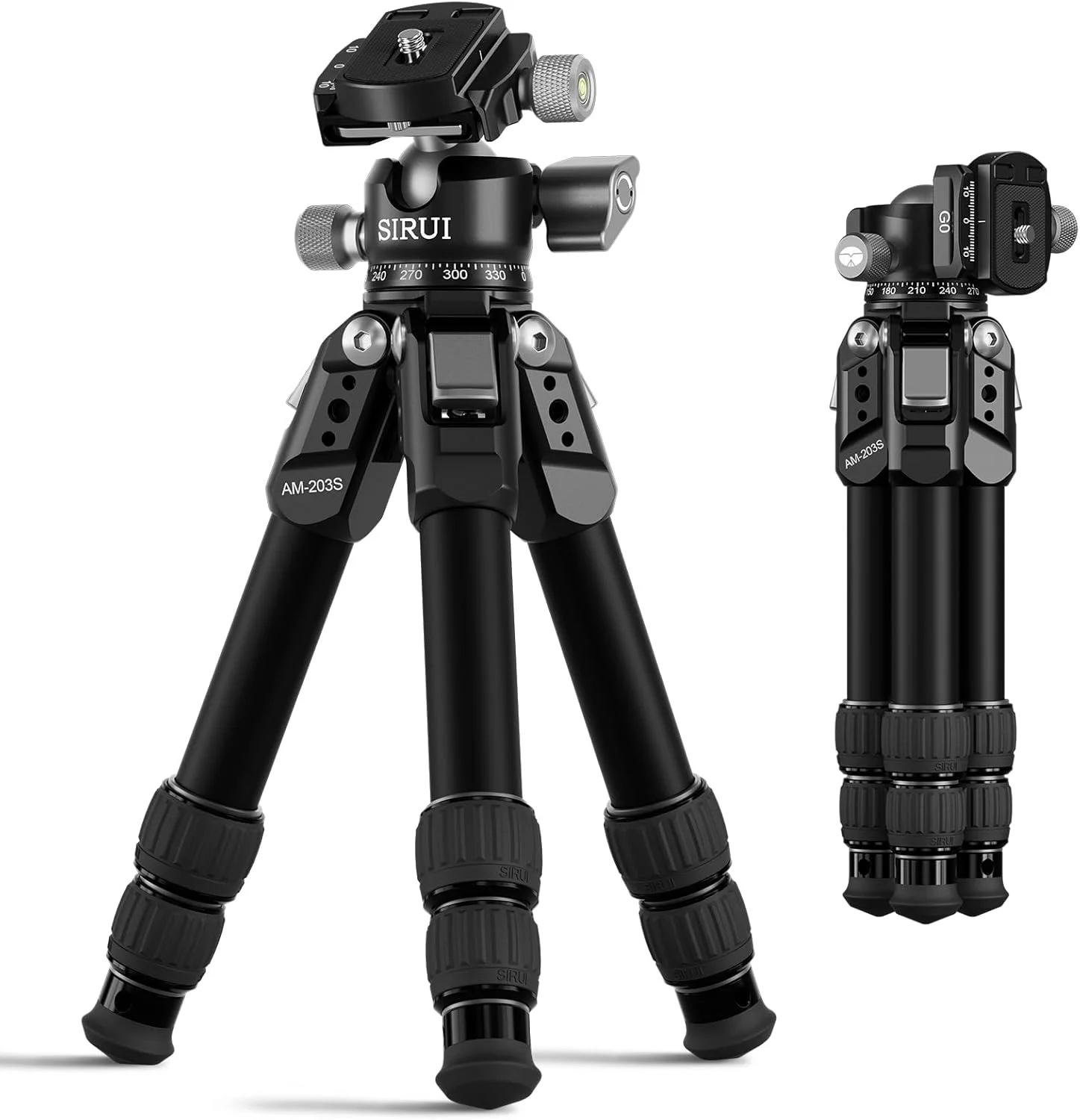 سه پایه آلیاژ آلومینیوم SIRUI AM-203S+G0 با هد توپی 360 درجه G0، سه پایه سبک وزن با استحکام بالا برای دوربین های DSLR و بدون آینه، طراحی جمع و جور با حداکثر ارتفاع 16.3 اینچ