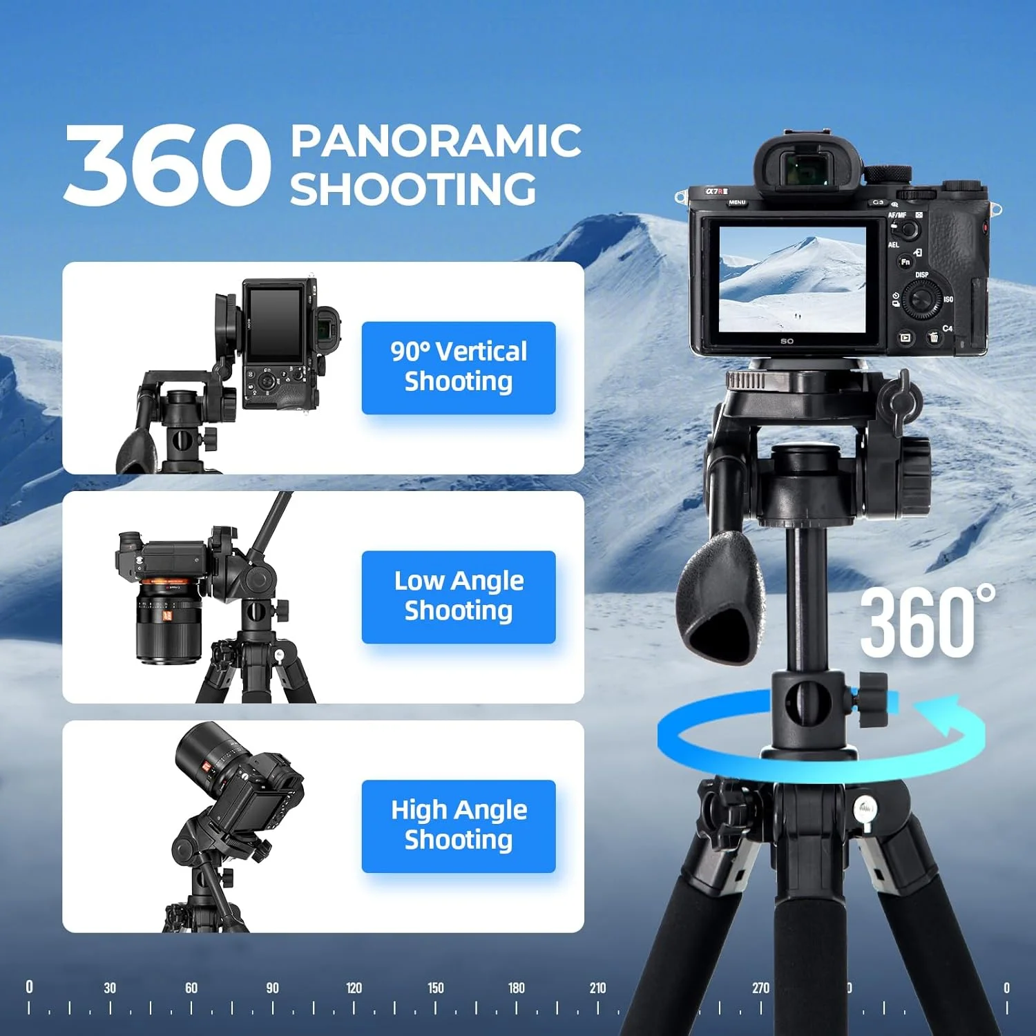 سه پایه دوربین AMBITFUL 62 اینچی، سه پایه آلومینیومی حرفه ای مشکی، قابلیت عکاسی افقی جداشدنی برای دوربین فیلمبرداری/DSLR/تلفن همراه/دوربین فیلمبرداری/تلسکوپ های دیدبانی، سه پایه بلند ضبط ویدیو