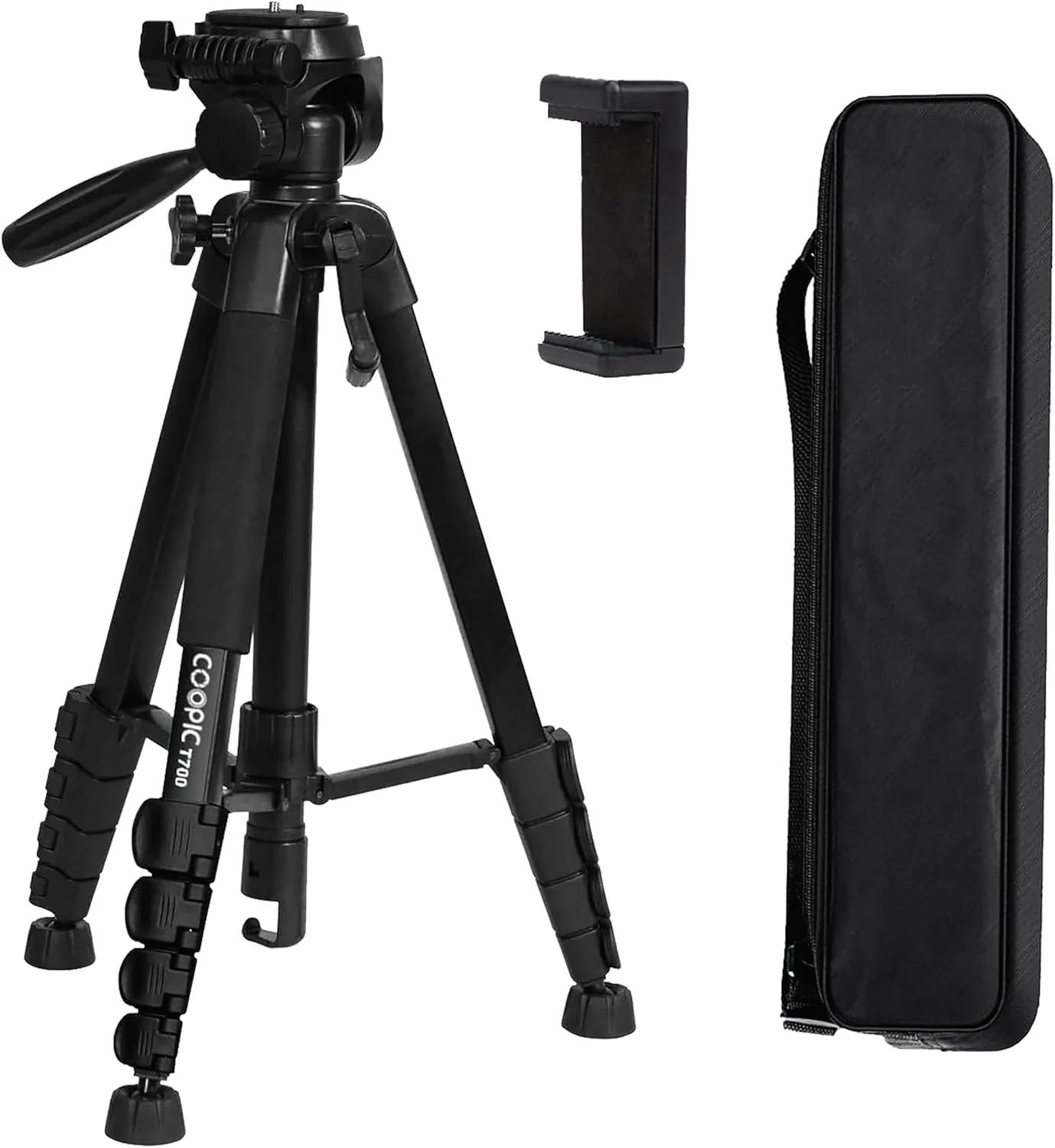 سه پایه دوربین آلومینیومی سبک وزن و قابل حمل T700، حداکثر ارتفاع 170 سانتی متر به همراه هولدر موبایل و کیف حمل، سازگار با دوربین های DSLR کانن، نیکون و سونی