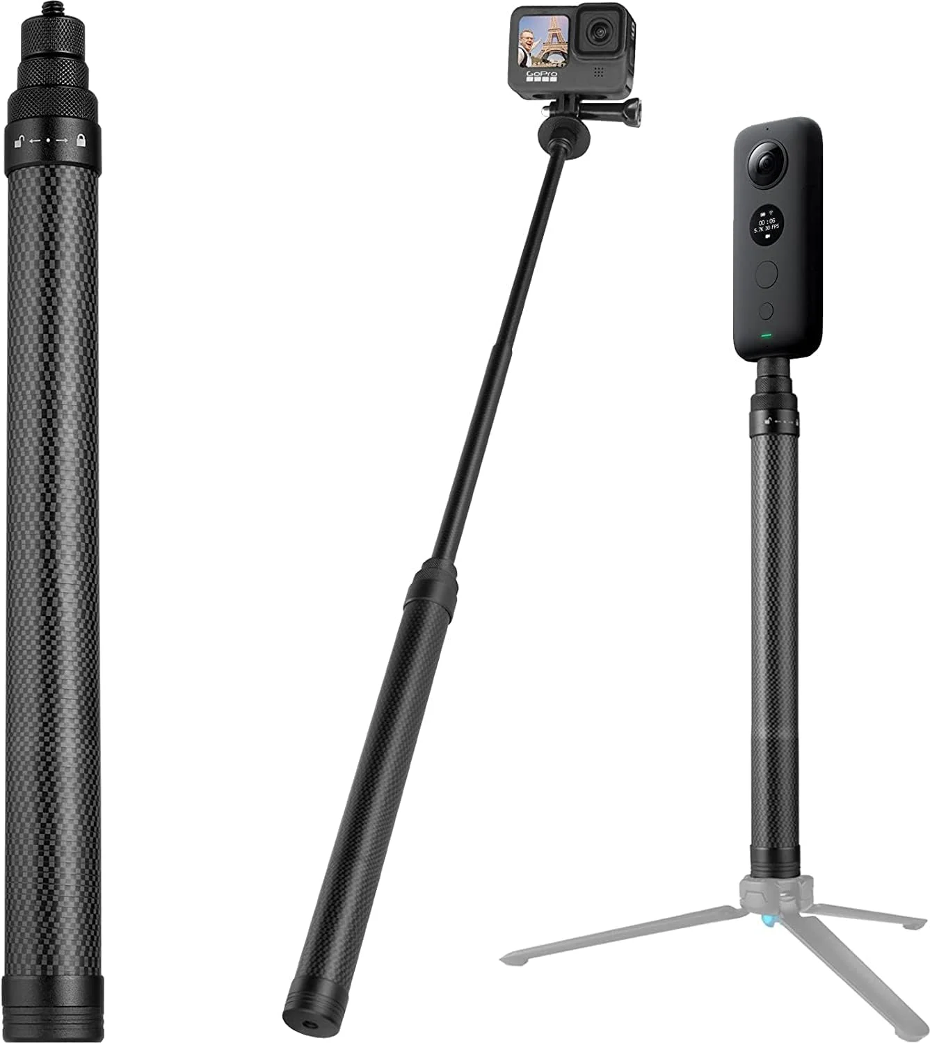 میله سلفی فوق سبک eWINNER با طول 116 سانتی متر / 47 اینچ برای GoPro Hero13 12 11 10 9 8 7 6 5 4 3+/Insta 360 X4 X3 One R One X/برای DJI Osmo Action/ میله مونوپاد سبک وزن فیبر کربنی قابل افزایش در 4 طول