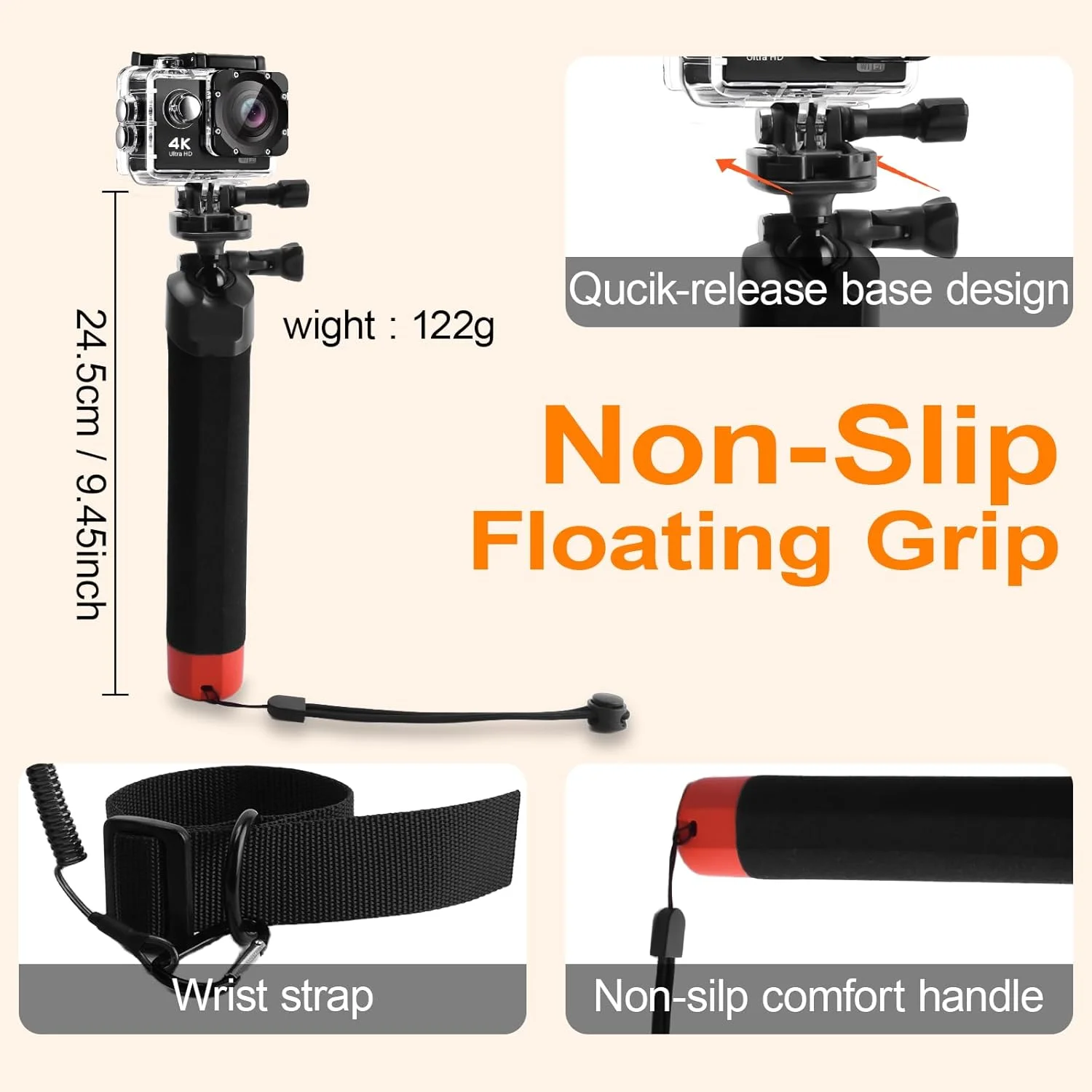 دسته شناور Wiseten، میله سلفی ضد لغزش زیر آب با سر توپی 360 درجه برای دوربین های GoPro Hero 13 12 11 10 9 DJI Osmo Action 5 Pro و لوازم جانبی