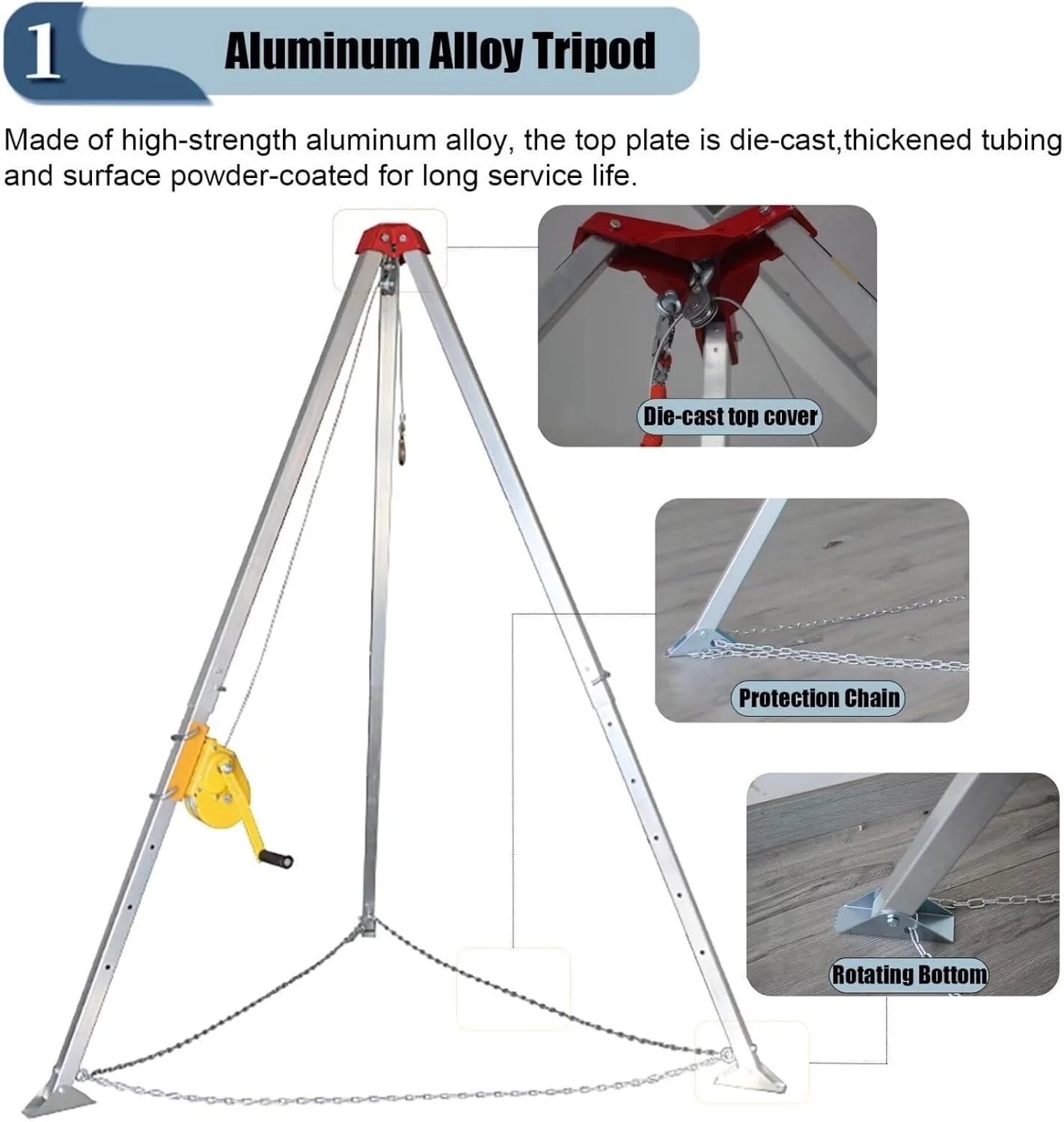 سه پایه آلومینیومی نجات 1200 پوندی، کیت فضای محدود پایه 7 فوتی کابل 65.6 فوتی، سیستم نجات سه پایه فاضلاب برای منهول ها، تونل ها، ترانشه کابل