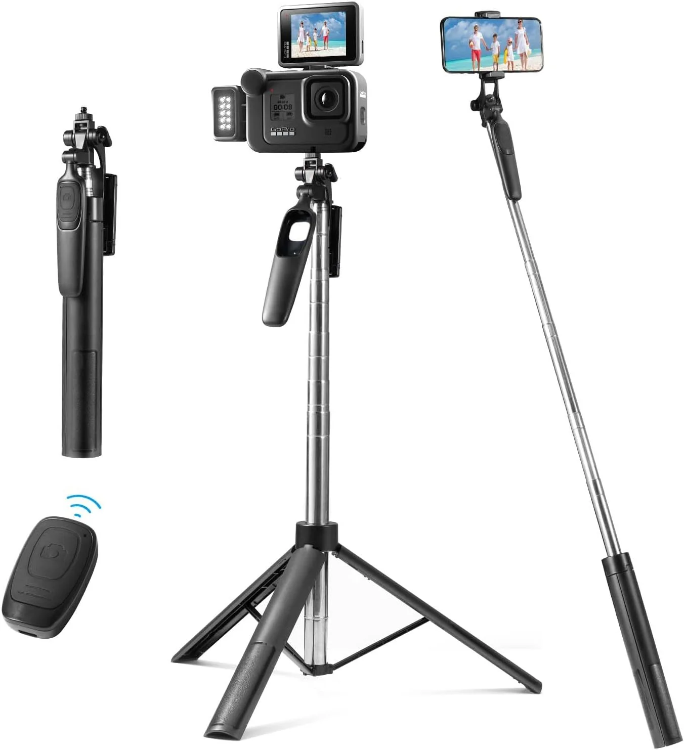 سه پایه تلفن هوشمند 3 در 1 Oderra با مونوپاد بلوتوثی - کنترل از راه دور جداشدنی، 160 سانتی متر جمع شونده + تثبیت کننده 360 درجه، سازگار با آیفون/سامسونگ/هوآوی