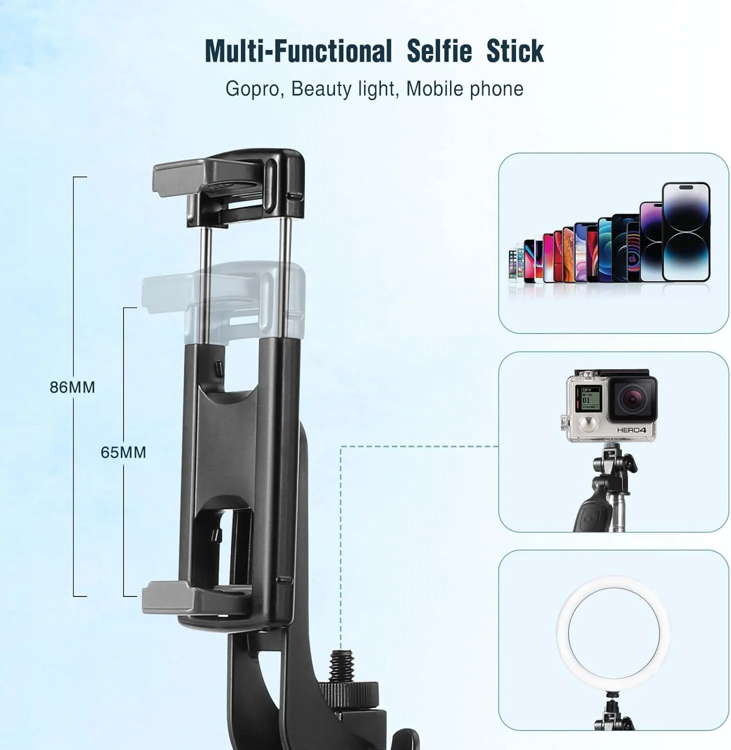 سه پایه تلفن هوشمند 3 در 1 Oderra با مونوپاد بلوتوثی - کنترل از راه دور جداشدنی، 160 سانتی متر جمع شونده + تثبیت کننده 360 درجه، سازگار با آیفون/سامسونگ/هوآوی