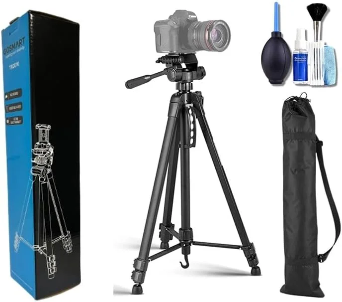 سه پایه دوربین حرفه ای با کیف حمل، کیت تمیز کننده، ارتفاع قابل تنظیم، مشکی