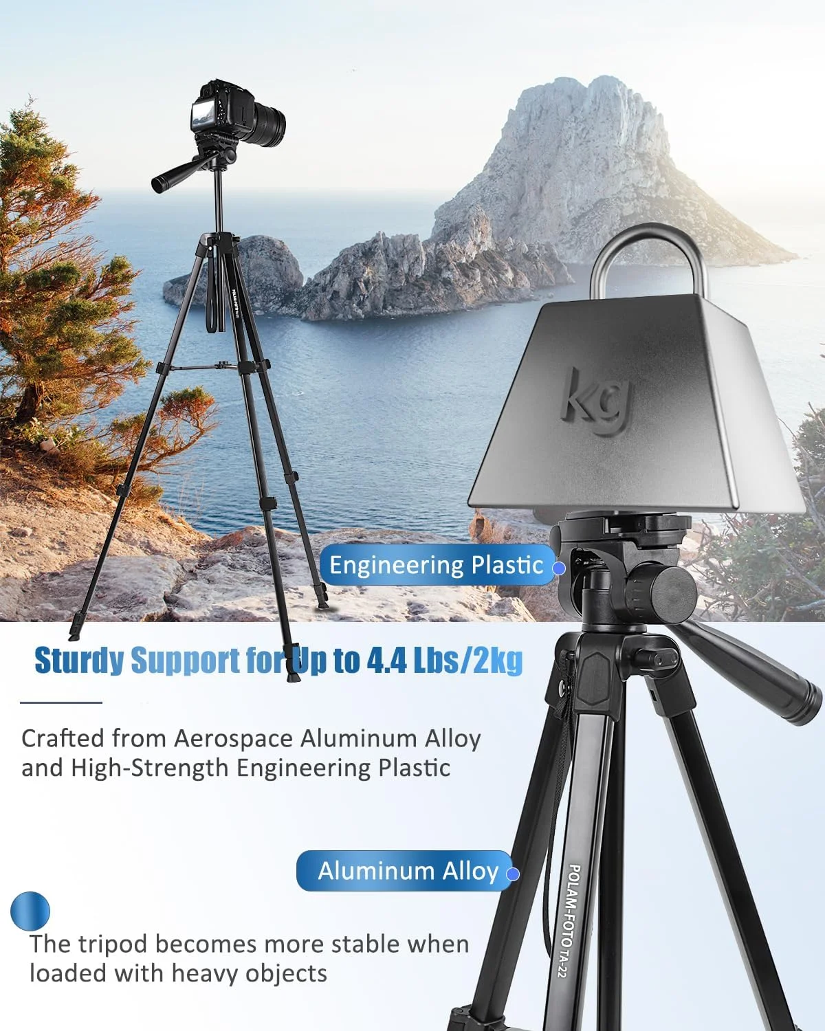 سه پایه دوربین 68 اینچی POLAM-FOTO، سه پایه سبک وزن آلیاژ آلومینیوم با نگهدارنده تلفن، شامل کیف حمل، مشکی