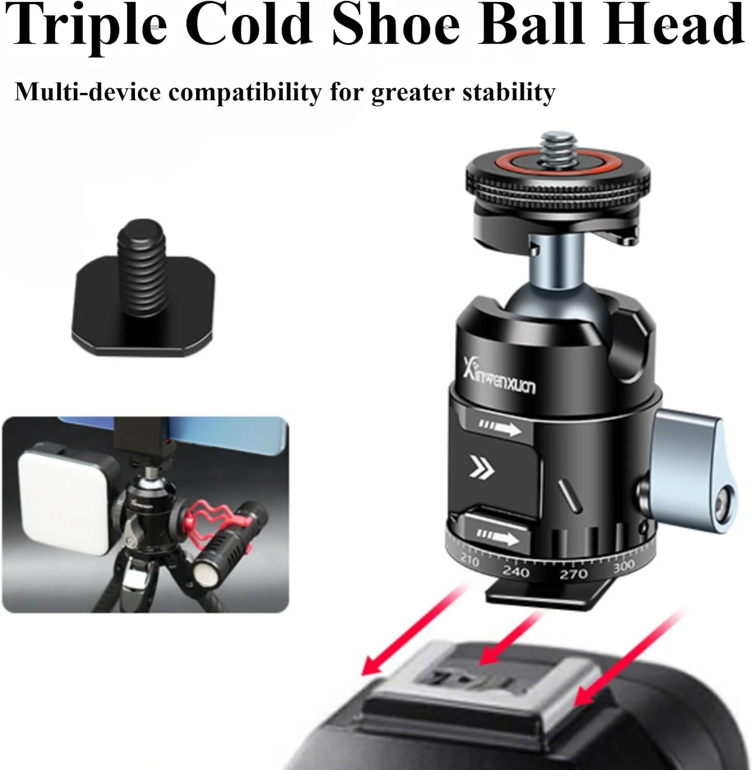 سه پایه توپی یونیورسال با سه سر کفشک سرد، پایه کفشک گرم، مناسب برای دوربین های DSLR و نصب مانیتور