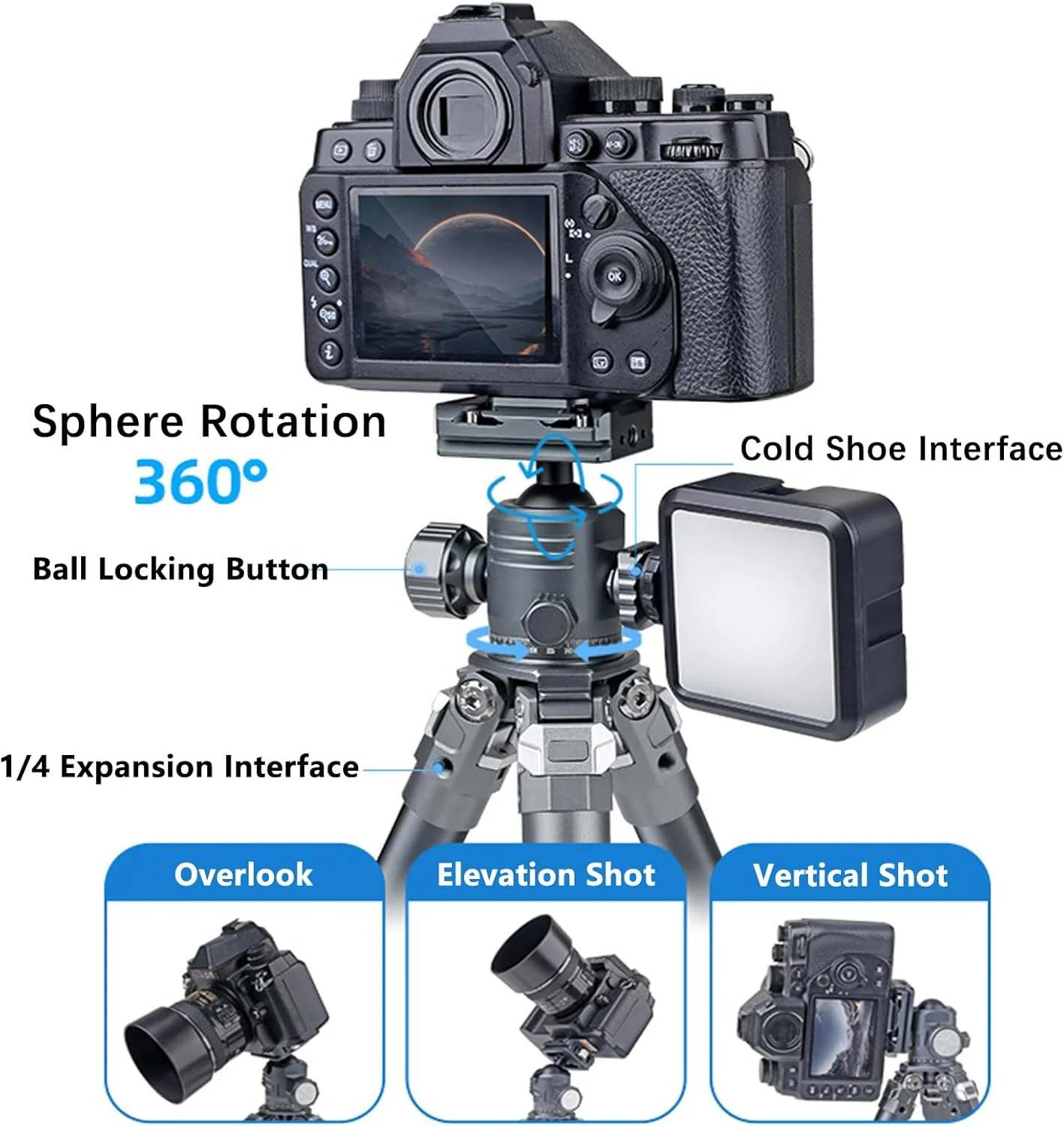 سه پایه دوربین PUKOKO با سر توپی آلومینیومی و صفحه رهاسازی سریع، چرخش 360 درجه، ظرفیت بار 8 کیلوگرم، حداکثر ارتفاع 427 میلی متر
