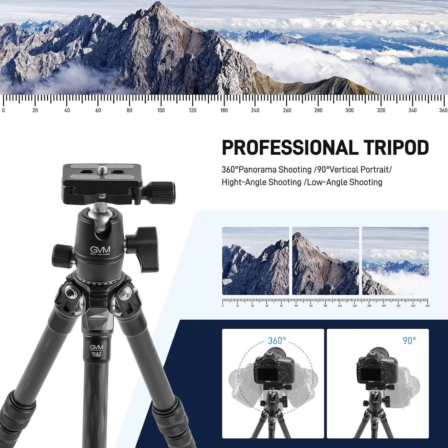 سه پایه دوربین فیبر کربنی GVM، سه پایه برای دوربین و تلفن، پایه سه پایه دوربین سنگین با هد توپی پانوراما 360 درجه، صفحه رهاسازی سریع و گیره تلفن همراه برای حداکثر بار 15 پوند