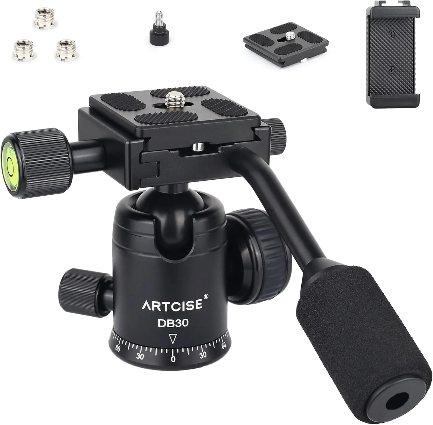 هد توپی با دسته ARTCISE، هد توپی سه پایه دوربین با دو صفحه رهاسازی سریع و گیره تلفن برای تک پایه، هد پانورامای 360 درجه برای سه پایه، تک پایه، لغزنده، دوربین DSLR، حداکثر بار 10 کیلوگرم