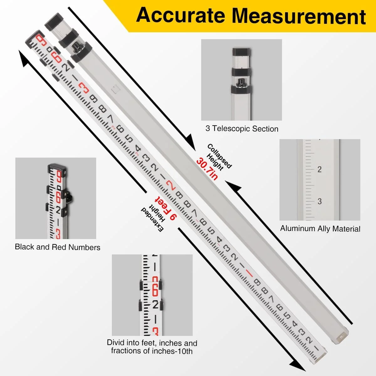 سه پایه نقشه برداری آلومینیومی سبک وزن 62.2 اینچی با سر تخت رزوه ای 5/8 اینچی 11 و قفل دوبل، شاخص مدرج تلسکوپی آلومینیومی دو طرفه 9 فوتی برای اندازه گیری دقیق ساخت و ساز، نقشه برداری زمین