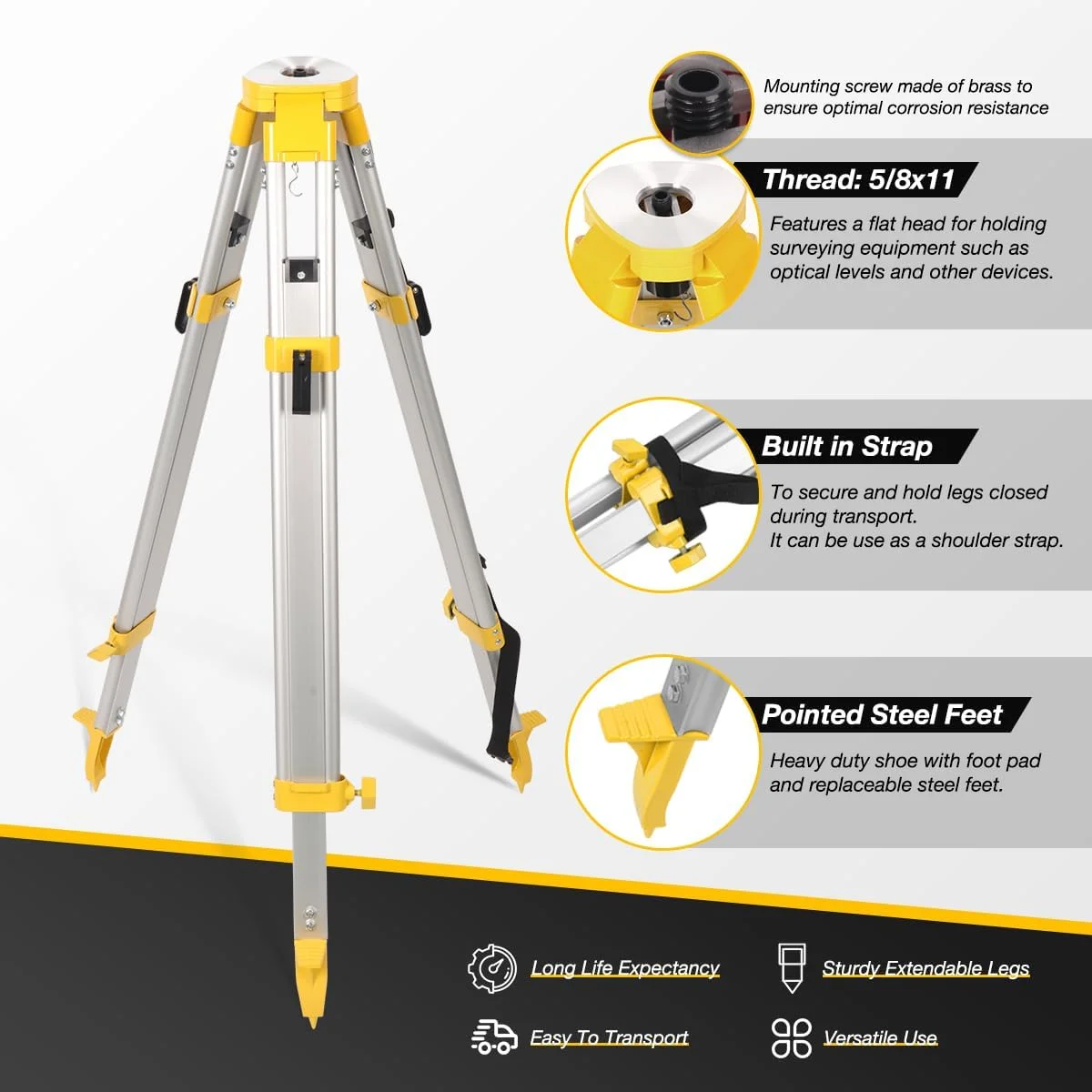 سه پایه نقشه برداری آلومینیومی سبک وزن 62.2 اینچی با سر تخت رزوه ای 5/8 اینچی 11 و قفل دوبل، شاخص مدرج تلسکوپی آلومینیومی دو طرفه 9 فوتی برای اندازه گیری دقیق ساخت و ساز، نقشه برداری زمین