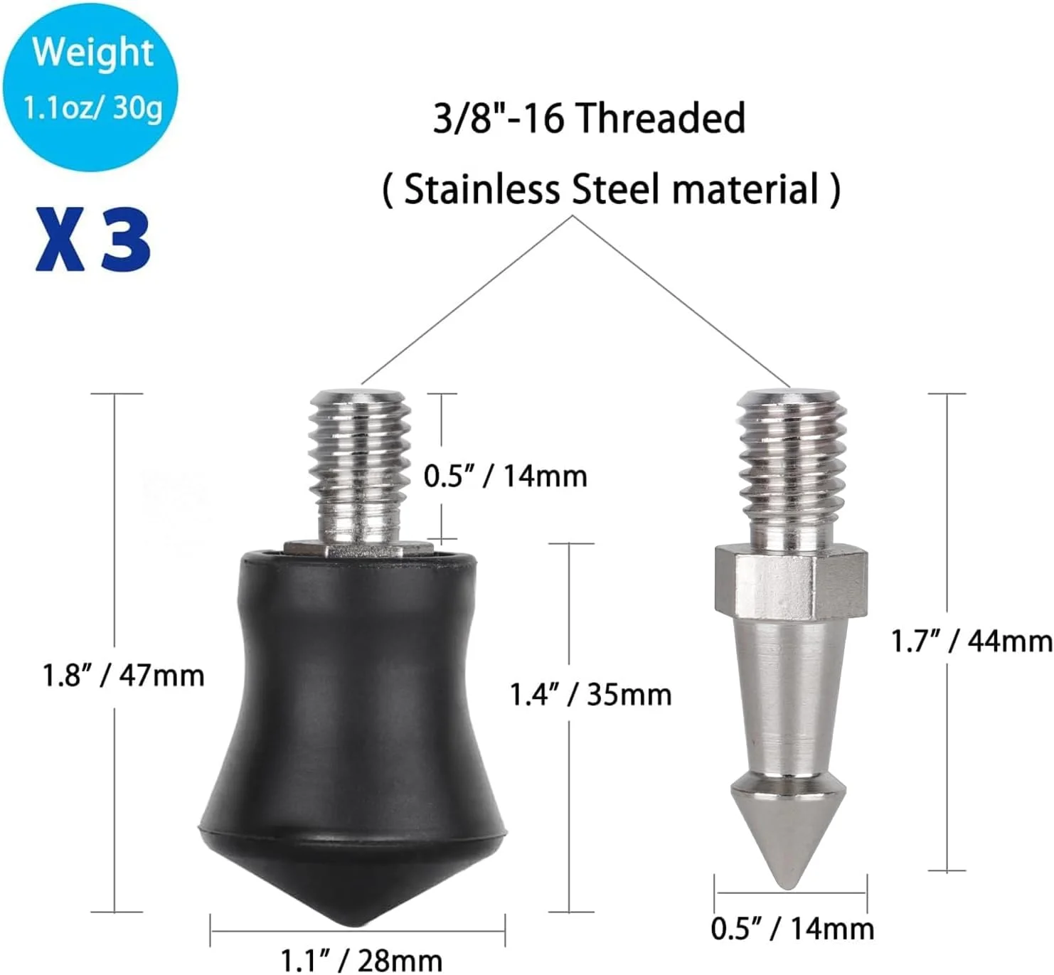 پایه های لاستیکی جهانی سه پایه Koolehaoda، پایه های ضد لغزش سه پایه، پایه استیل ضد زنگ 3/8 اینچ، پایه جایگزین سازگار با سه پایه تک پایه 3/8 اینچ - 3 عدد