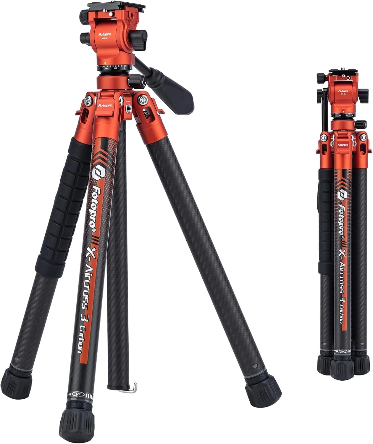 سه پایه دوربین فیلمبرداری سبک وزن Fotopro X-Aircross 3 Lite Video با هد سیال 64 اینچی، سه پایه مسافرتی حرفه ای قابل حمل فیبر کربنی برای دوربین DSLR با ظرفیت بارگیری تا 10 کیلوگرم - نارنجی