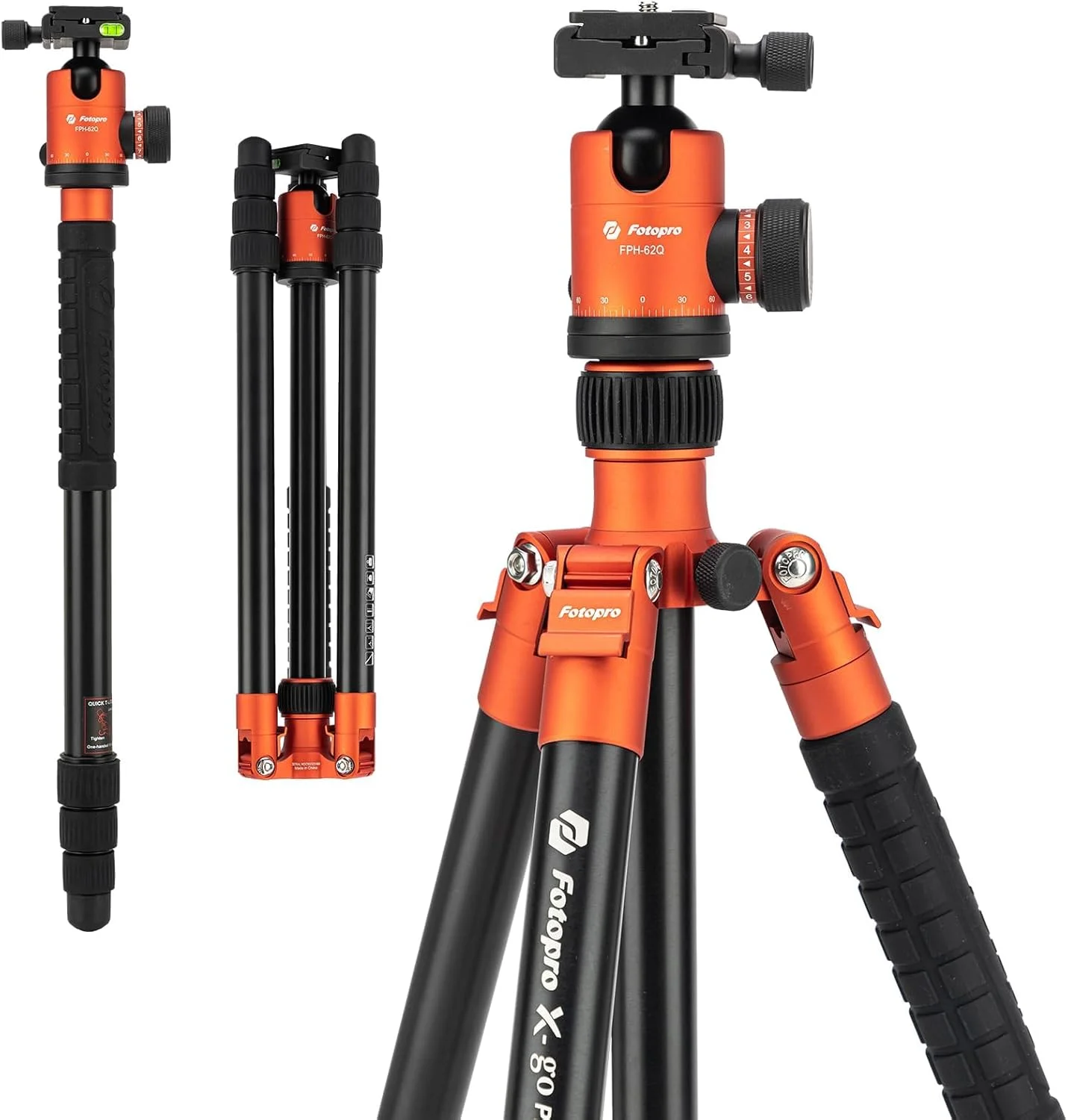 سه پایه دوربین Fotopro 68 اینچی برای DSLR، سه پایه مسافرتی فشرده و مقاوم با سر توپی، تک پایه جداشدنی با صفحه رهاسازی سریع و کیف، تحمل وزن تا 12 کیلوگرم، نارنجی