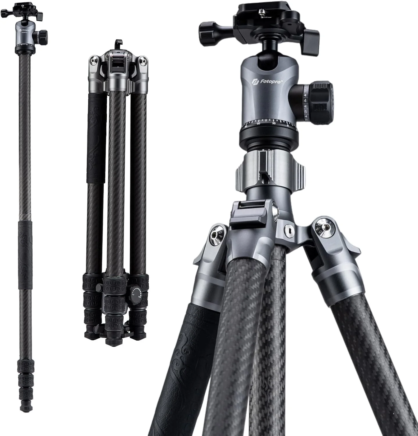 سه پایه دوربین Fotopro Sherpa Plus با ارتفاع 162 سانتی متر، 4 قسمتی فیبر کربنی، مناسب برای سفر، دارای هد توپی و صفحه رهاسازی سریع، سازگار با دوربین های DSLR و فیلمبرداری، حداکثر تحمل وزن 10 کیلوگرم - مشکی