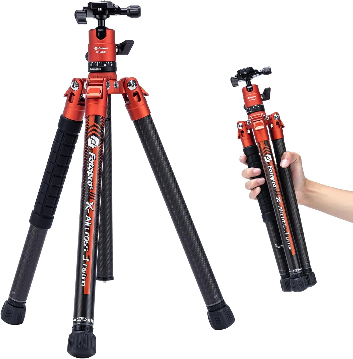 سه پایه دوربین فیبر کربنی 64 اینچی Fotopro با هد توپی تک پایه 360 درجه صفحه رهاسازی سریع 1/4 سه پایه مسافرتی سبک وزن برای دوربین حداکثر بار 12 کیلوگرم x Aircross 3 نارنجی