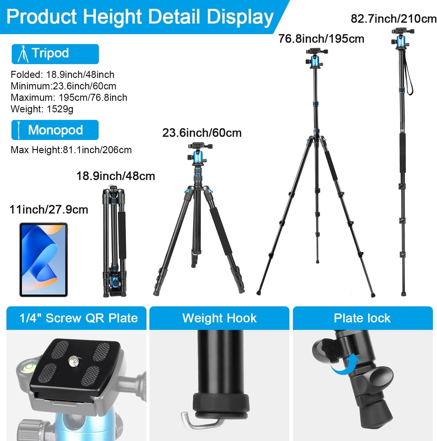 تک پایه سه پایه دوربین BONFOTO 77 اینچی برای DSLR، تلفن همراه با سر توپی پانوراما 360 درجه جداشدنی، 2 صفحه QR، سه پایه مسافرتی آلومینیومی تاشو و سبک وزن، کیف شامل برای دوربین، تلفن (آبی)
