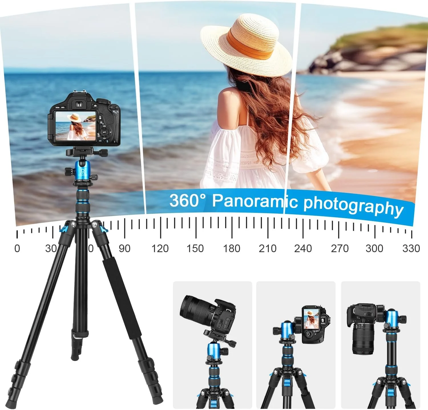 تک پایه سه پایه دوربین BONFOTO 77 اینچی برای DSLR، تلفن همراه با سر توپی پانوراما 360 درجه جداشدنی، 2 صفحه QR، سه پایه مسافرتی آلومینیومی تاشو و سبک وزن، کیف شامل برای دوربین، تلفن (آبی)