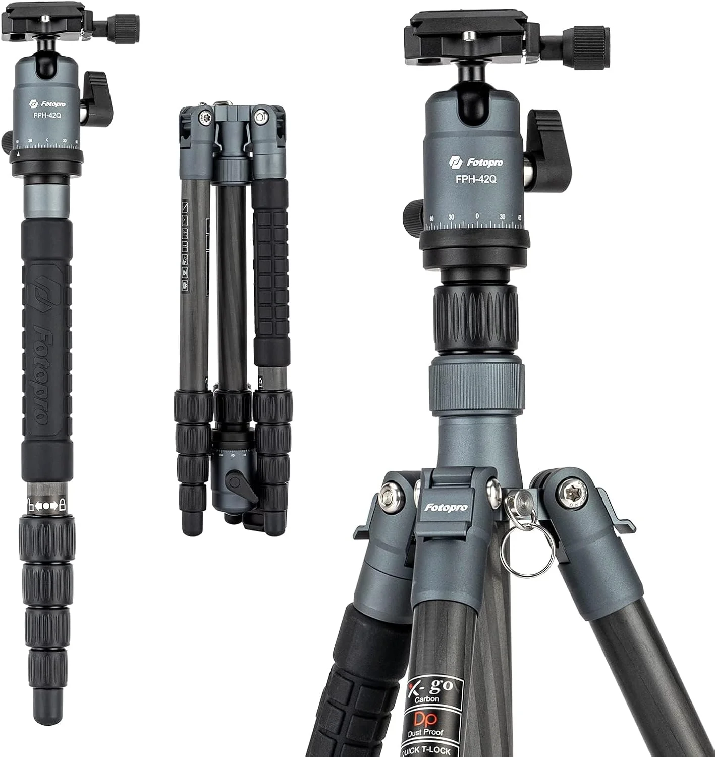 سه پایه فیبر کربنی 57 اینچی دوربین Fotopro، سه پایه مسافرتی سبک وزن با هد توپی، تک پایه جداشدنی با صفحه و کیف رهاسازی سریع، تحمل وزن تا 8 کیلوگرم، خاکستری