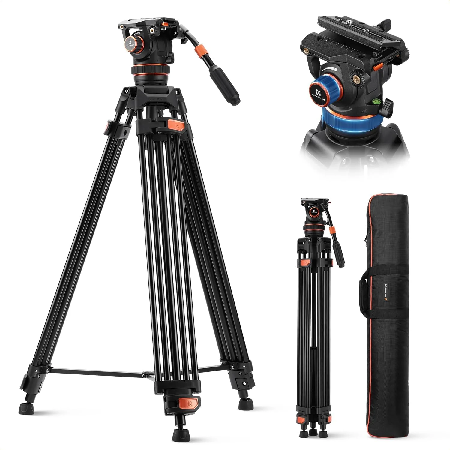 سه پایه فیلمبرداری K&F CONCEPT مدل VA3+BV60 با ارتفاع 191 سانتی متر، سه پایه آلومینیومی سنگین با هد سیال 360 درجه، سازگار با Canon Nikon Sony و سایر دوربین ها، تحمل وزن تا 10 کیلوگرم