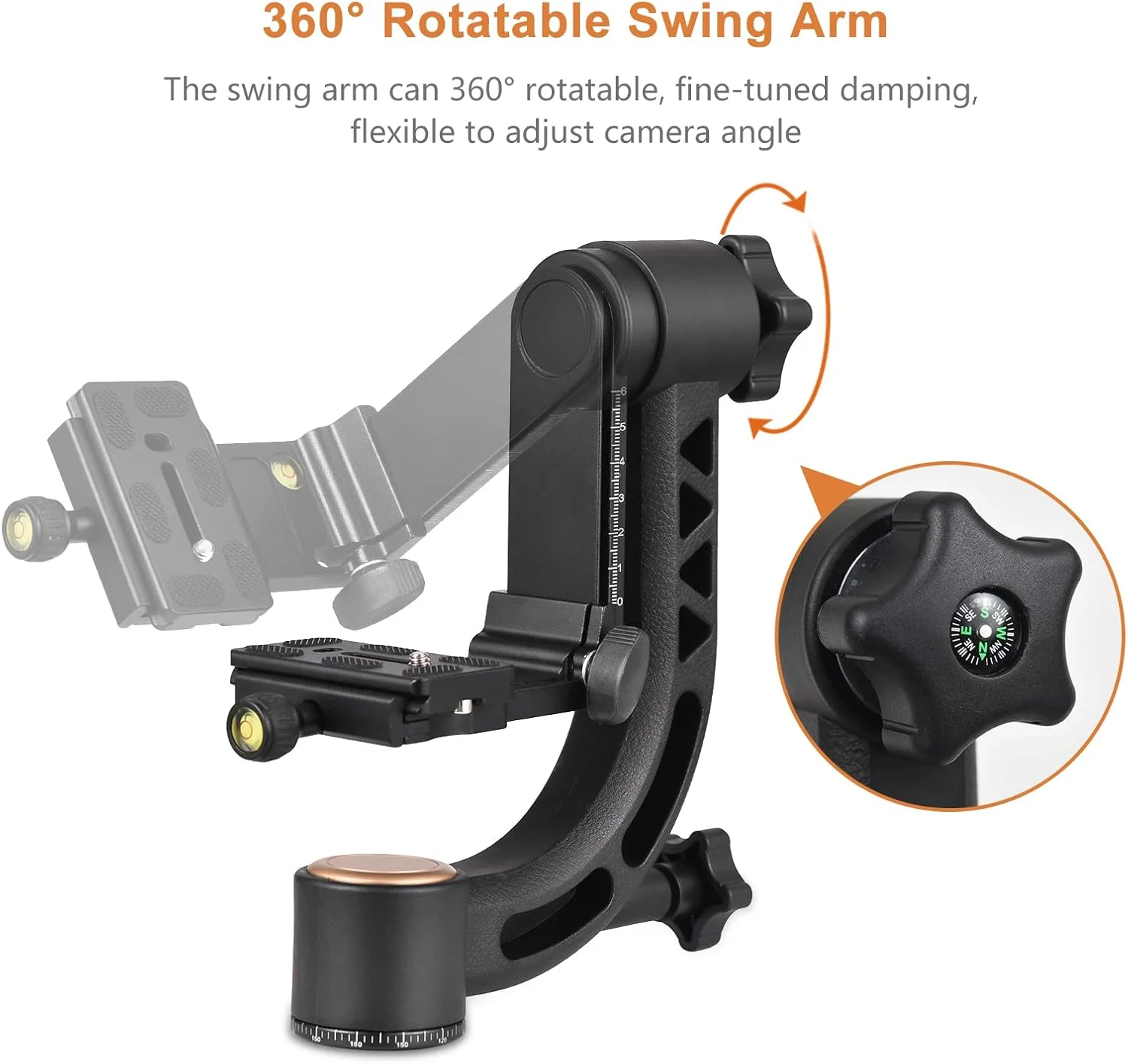 سه‌پایه گیمبال پانورامیک 360 درجه سنگین HELEMIY، آلیاژ آلومینیوم، ظرفیت بار 15 کیلوگرم، با پیچ 1/4 اینچ، صفحه رهاسازی سریع و تراز حبابی برای دوربین‌های DSLR