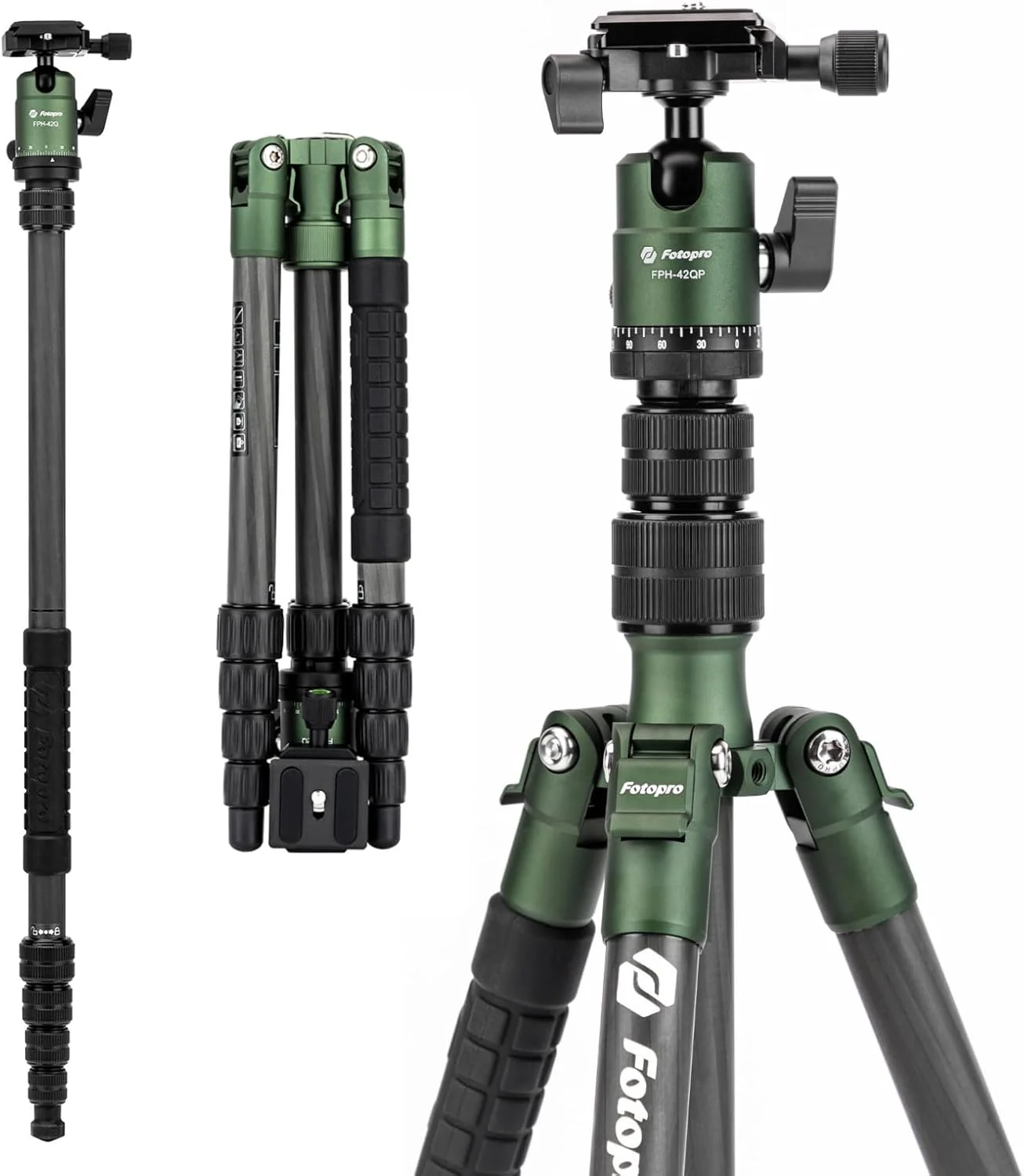 سه پایه مسافرتی فیبر کربنی 60 اینچی Fotopro، سه پایه دوربین جمع و جور با هد توپی، تک پایه جداشدنی با صفحه رهاسازی سریع و کیف، تحمل وزن تا 8 کیلوگرم