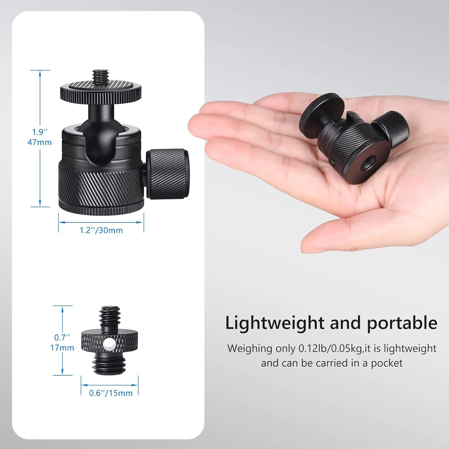 هد توپی کوچک ARTCISE مدل CB20، هد سه پایه فلزی کوچک 20 میلی‌متری و سوراخ رزوه 3/8 اینچی به همراه آداپتور پیچ رزوه ای 1/4"-20 نر به 1/4"-20 نر برای همه دوربین ها/سه پایه ها/مانیتورها/نور