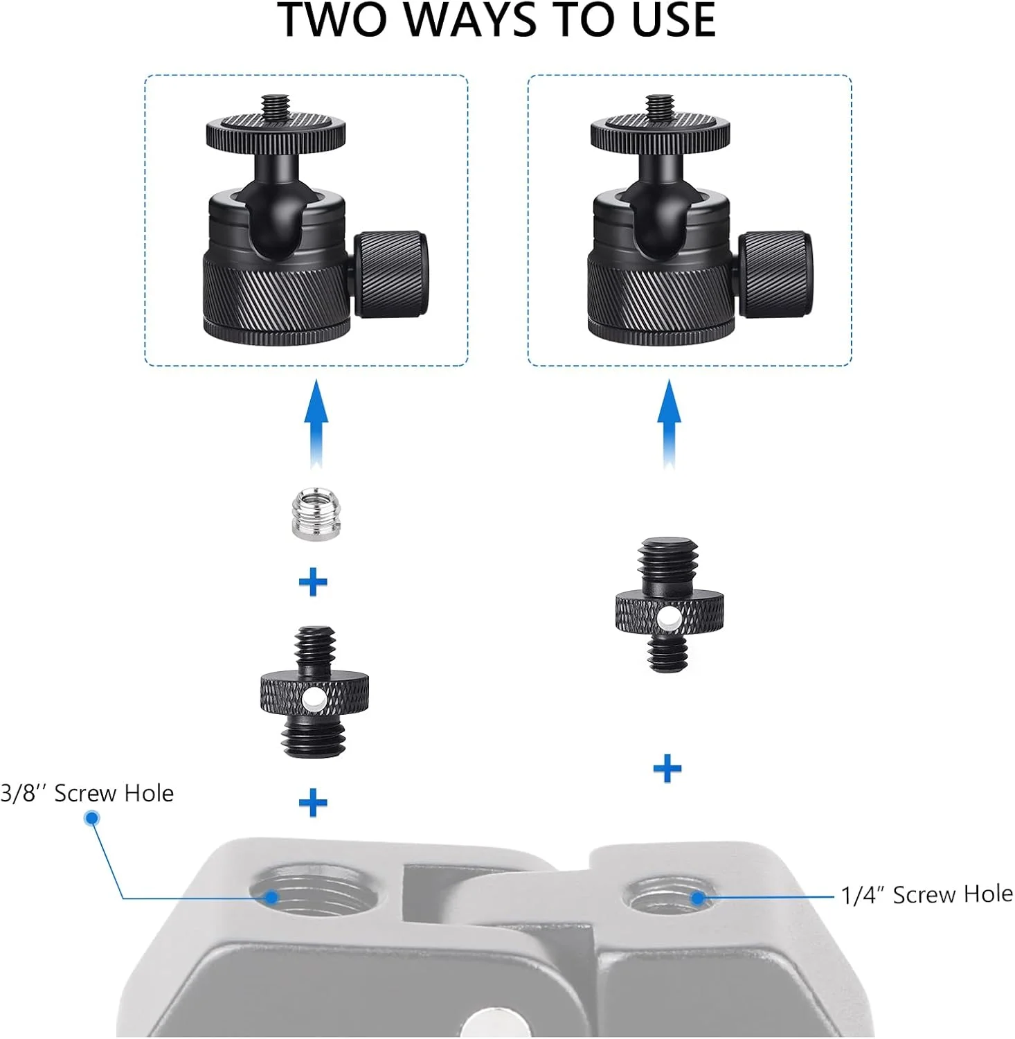 هد توپی کوچک ARTCISE مدل CB20، هد سه پایه فلزی کوچک 20 میلی‌متری و سوراخ رزوه 3/8 اینچی به همراه آداپتور پیچ رزوه ای 1/4"-20 نر به 1/4"-20 نر برای همه دوربین ها/سه پایه ها/مانیتورها/نور
