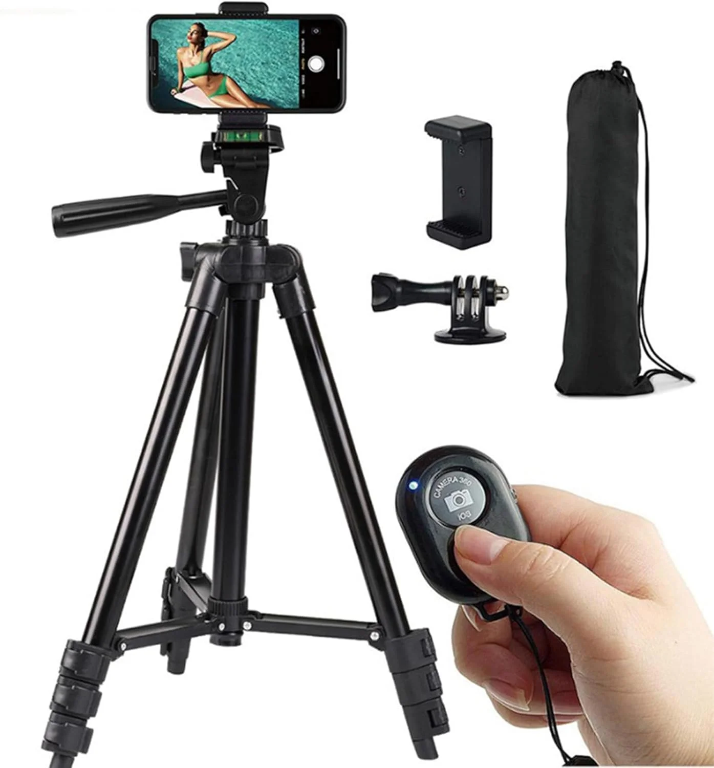 پایه نگهدارنده دوربین، سه پایه 360 درجه برای دوربین موبایل، سه پایه قابل افزایش طول برای آیفون به همراه کیف حمل و ریموت کنترل بی‌سیم، سه پایه یونیورسال تلفن برای ضبط ویدیو با آیفون