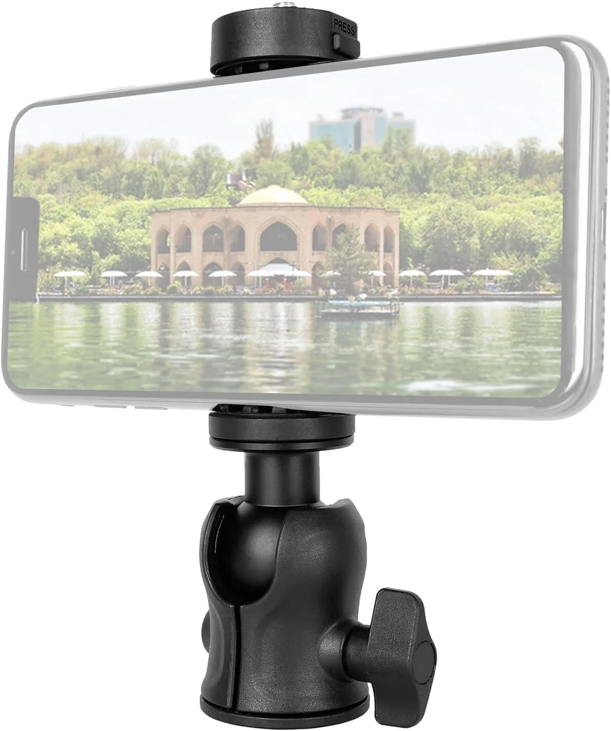 آداپتور پایه دوربین سر سه پایه پانوراما، مینی هد توپی با قابلیت چرخش 360 درجه، ظرفیت بار 10 کیلوگرم با پیچ 1/4 اینچ، دارای گیره تلفن قابل تنظیم داخلی، سازگار با دوربین DSLR، چراغ LED، سلفی