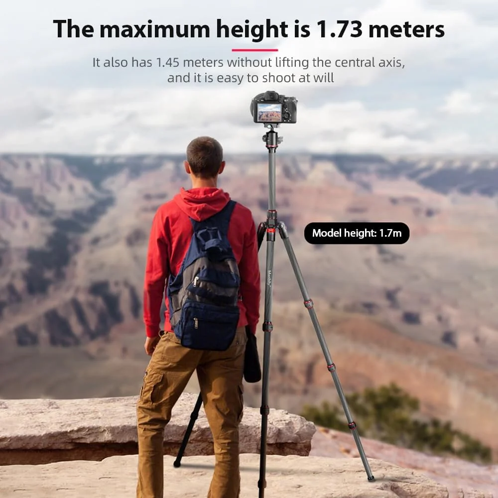 پایه دوربین تاشو MC-284 با هد توپی فیبر کربنی، ظرفیت باربری 15 کیلوگرم، 4 قسمتی، قابل حمل با صفحه رهاسازی سریع، ستون مرکزی جداشدنی و تک پایه